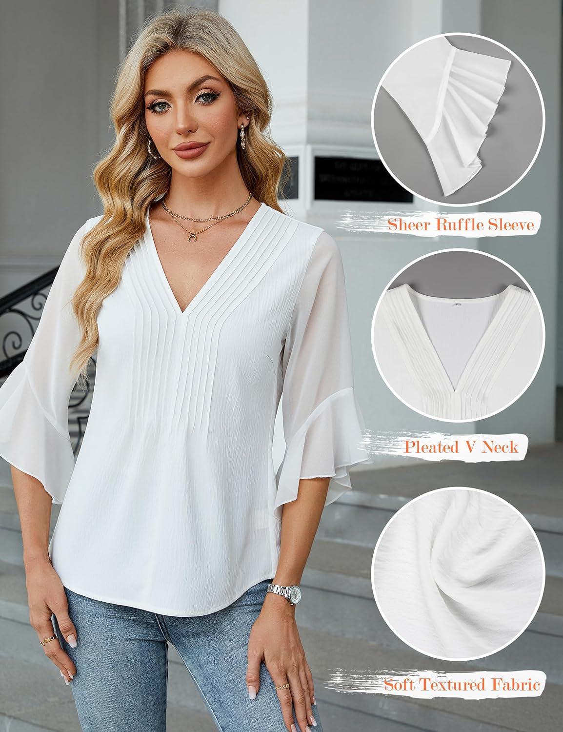 Blooming Jelly Womens 3/4 Length Sleeve Tops Dressy Casual Business Blouses Ruffle Work Shirts Summer Outfits - Image 3