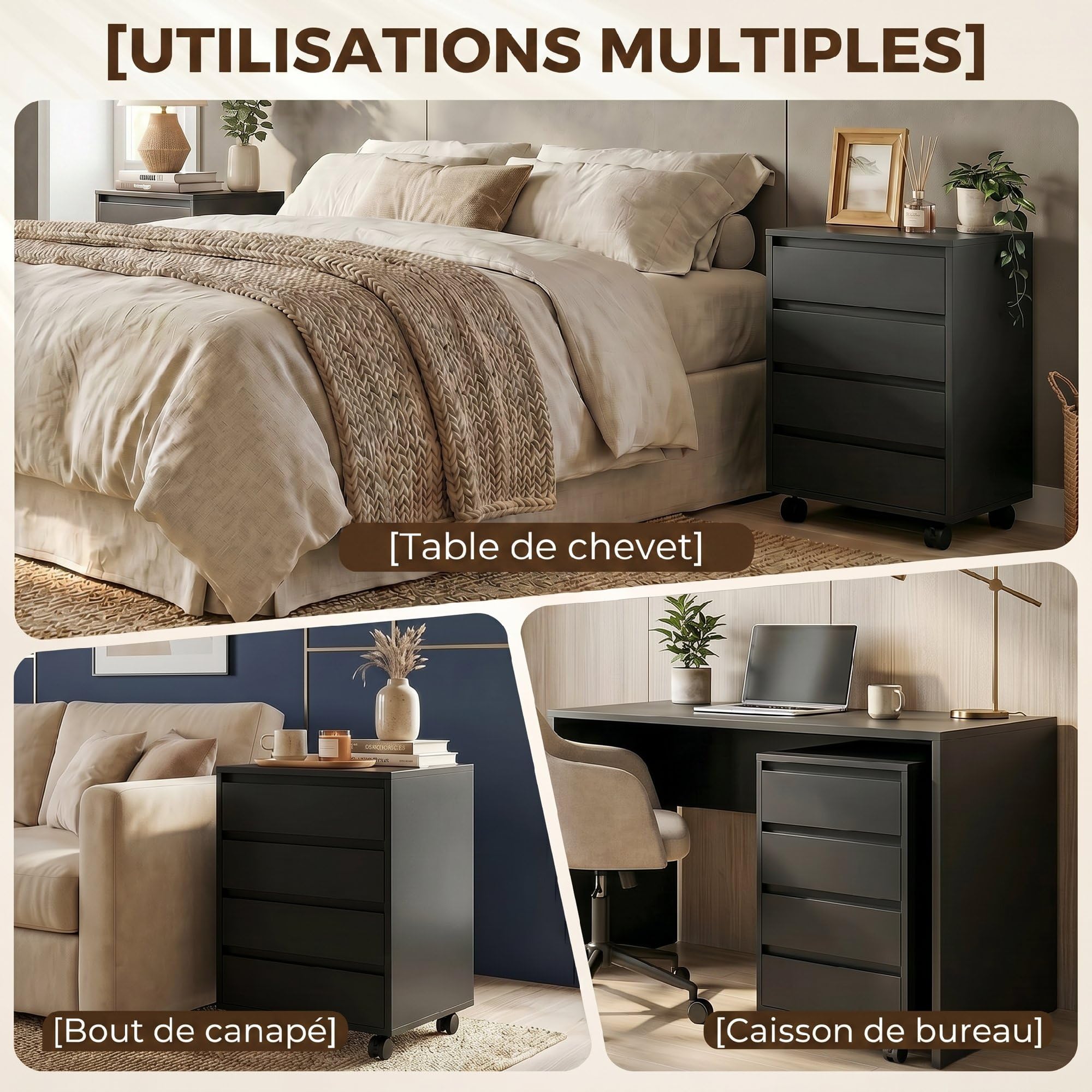 HOMCOM Caisson de Bureau, Rangement Bureau sur Roulettes, 4 Tiroirs Coulissants en Bois, Noir