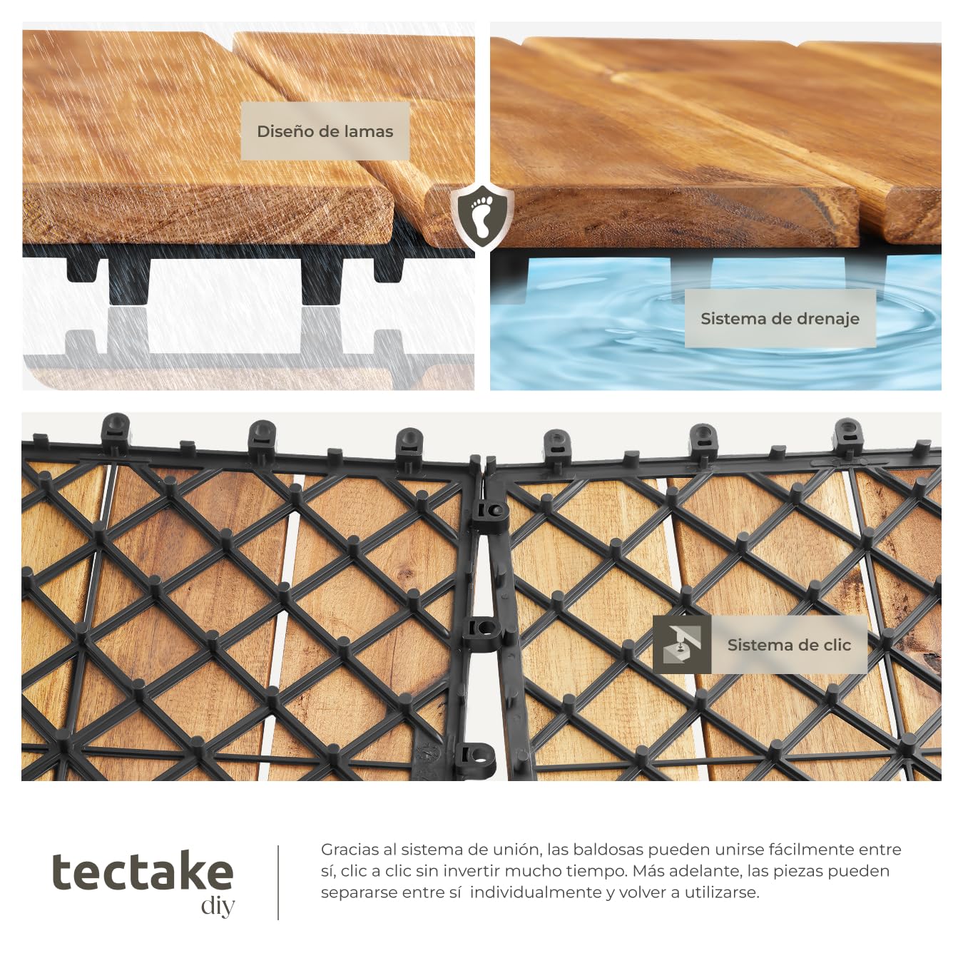 tectake® Set 40x Baldosas Jardín Exterior con 4 Tablones Madera de Acacia, 31 x 31 cm, Suelo Jardín con Base de Rejilla y Drenaje, Montaje Sistema Clic, Área 1,922 m2- Madera