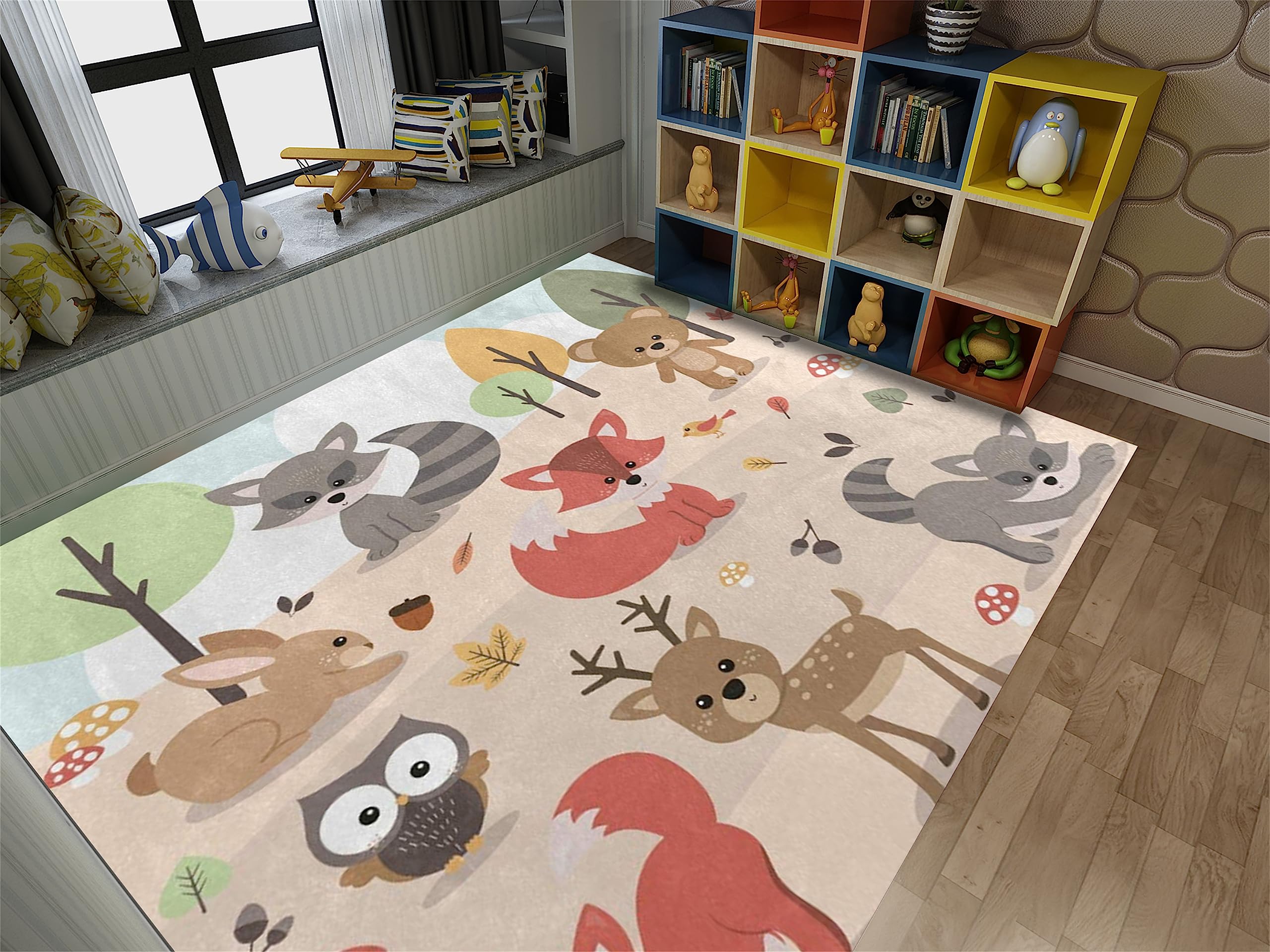 Cartoon Animal Area Rugs,5x6ft, Woodland Deer Rabbit Bear Nursery Room Decoration Carpets, Cute Forest Kids Room Rug, Large Area Non-Slip Rug for