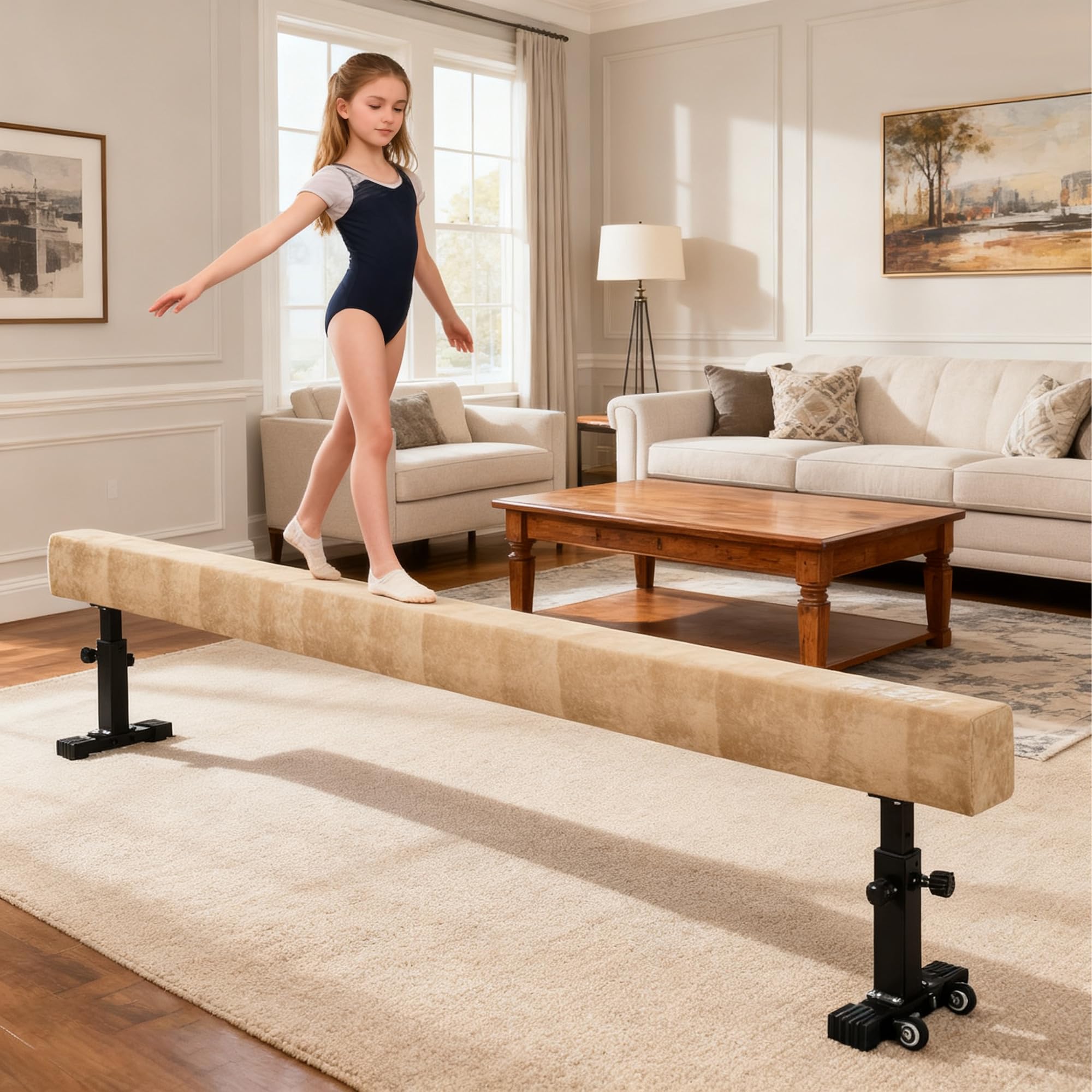 HOMCOM Poutre de Gymnastique 226 cm Antidérapant, Hauteurs Réglables, Poutre d'Équilibre avec roulettes, en Acier et Bois Massif, pour Entraînement à l'Équilibre, Marron