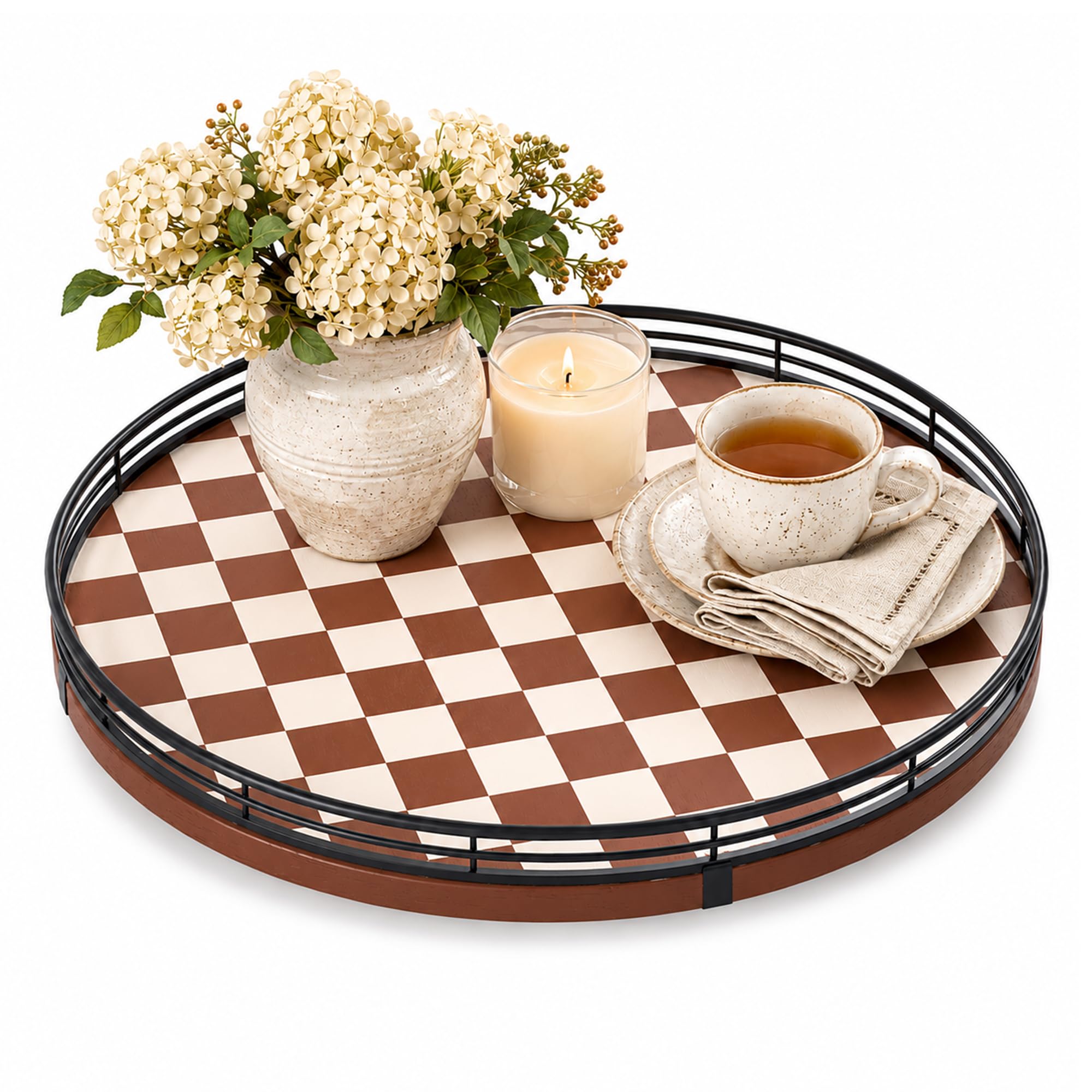 AMH 13-Inch Brown White Checkerboard Lazy Susan with Black Metal Rail