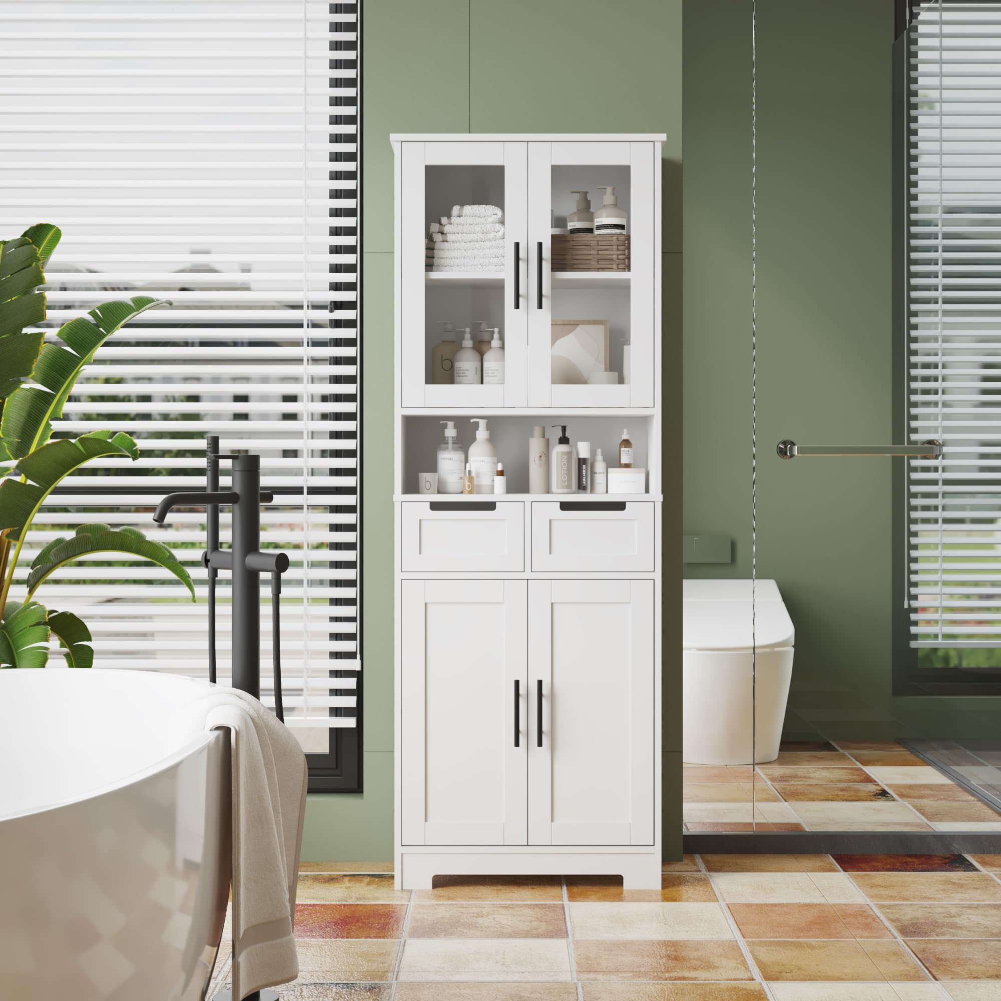 Bonnlo Küchenschrank, Vitrinenschrank, Hochschrank mit 4 Türen und 2 Schubladen, wohnzimmerschrank, für Wohnzimmer Küche Esszimmer Büro, 170x 60x30cm, Weiß