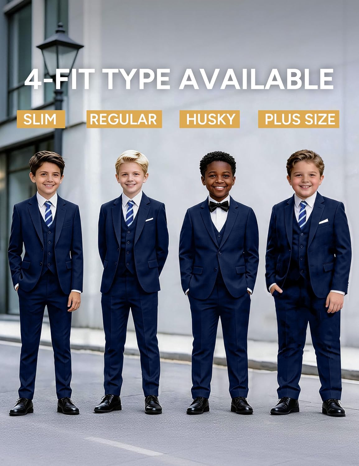 Boys Suit 5-Piece 4 Fits Husky/Plus Size/Slim/Regular Adjustable Waist + Suspenders