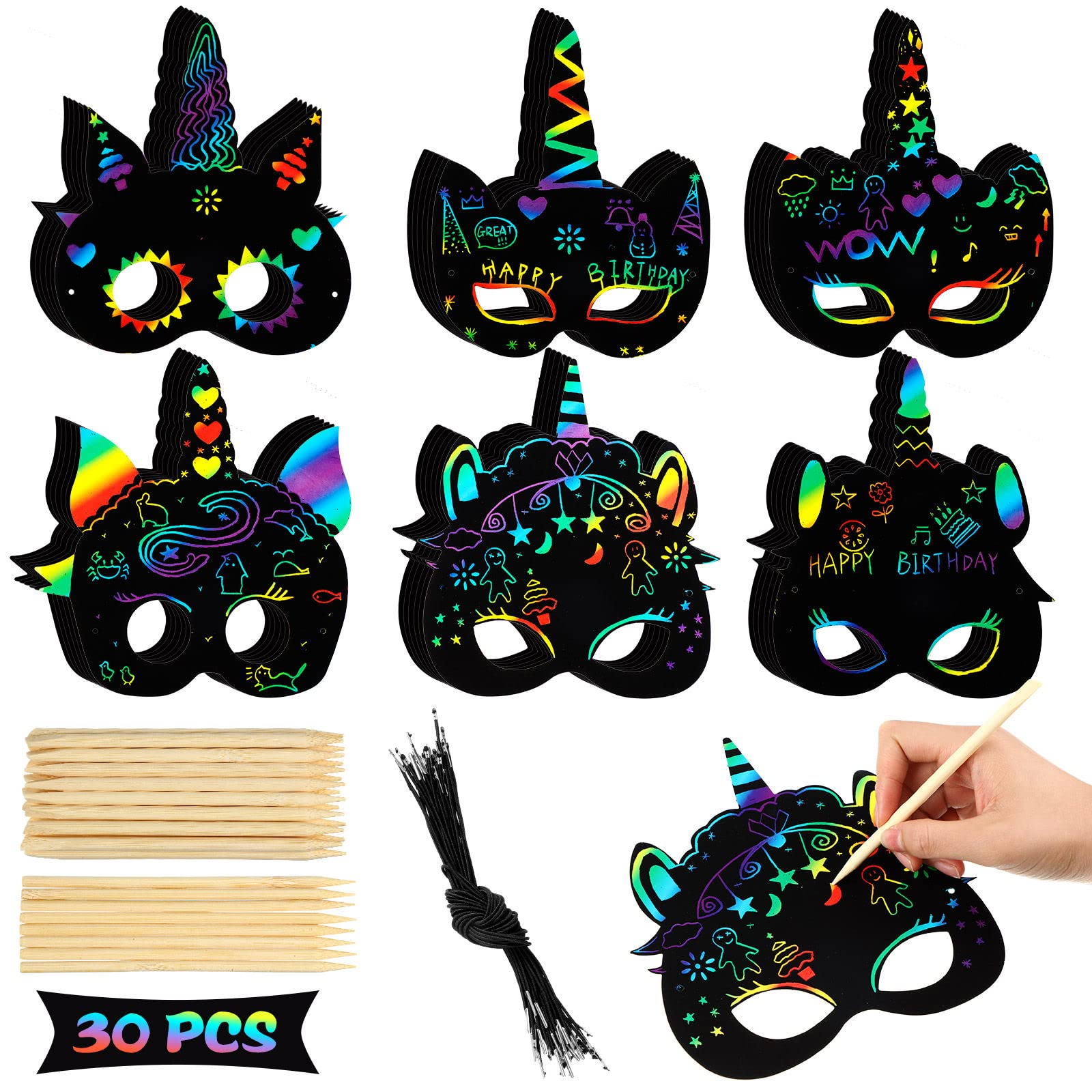 Sabary 30 Pcs Unicorn Scratch Mask Rainbow Paper Art Mask, Wooden Stylus and Elastic Bands Scratchboard Party Dress up Costumes for Adults Party