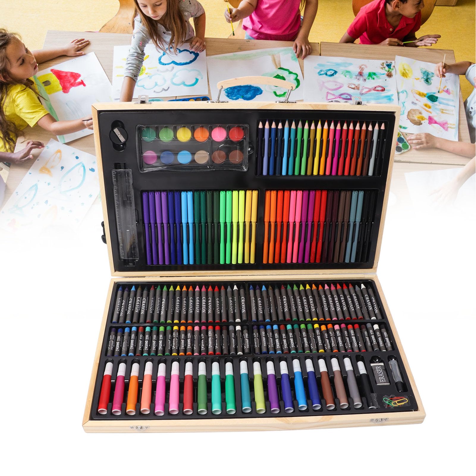 Kinder-Malset, Holzkunst-Set, vielseitiges Kunstbedarf für Kinder mit 12 Aquarellfarben, 40 Wachsmalkreiden, 40 Ölpastellkreiden, 56 Stiften und 20 Bleistiften in einer Holzbox –