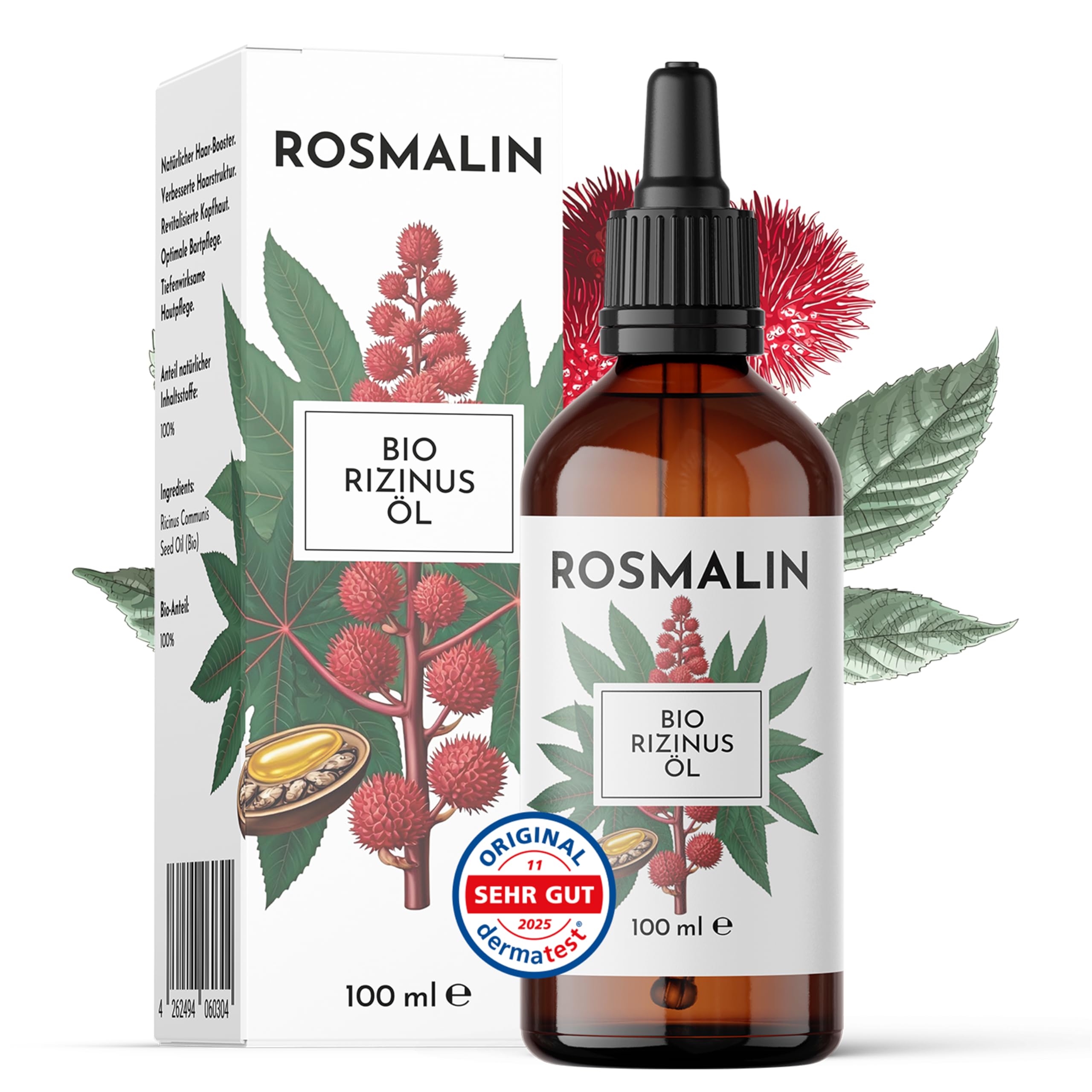 Rosmalin® Rizinusöl kaltgepresst Bio - Castor Oil Organic - Für Haare, Kopfhaut, Wimpern, Haut, Bart, Gesicht - kaltgepresstes & hexanfreies Öl - Pflegende Kopfhautbehandlung, 100 ml