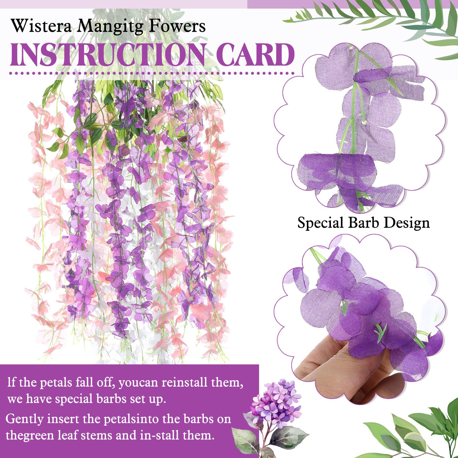 Thiccywoov Lot de 24 glycines artificielles à suspendre - 1 m - Guirlande de glycines artificielles pour toile de fond, décoration de mariage, fête à la maison (rose, blanc, violet)