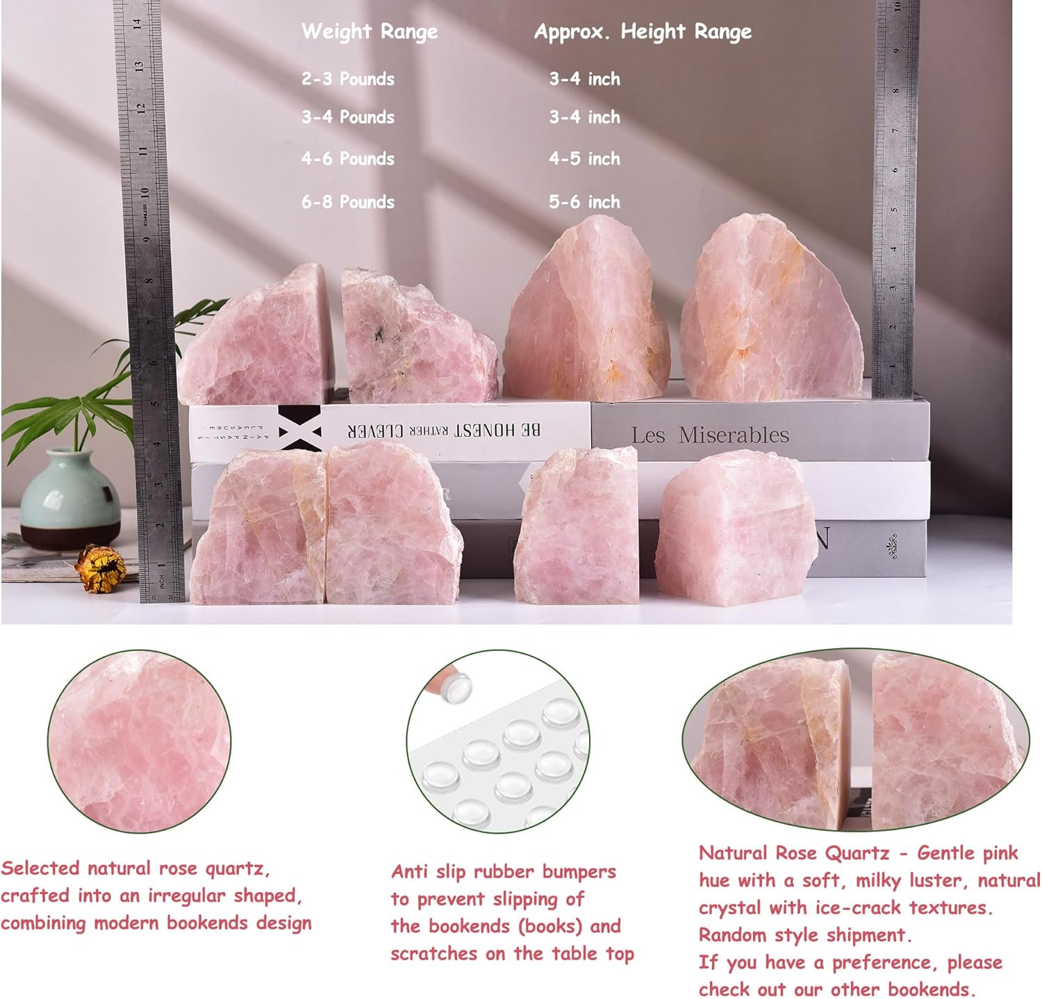 AMOYSTONE Rose Quartz Crystal Bookends for Kids - Compact Natural Stone Organizer with Non-Slip Base & Polished Finish (1 Pair, 2-3 LBS)