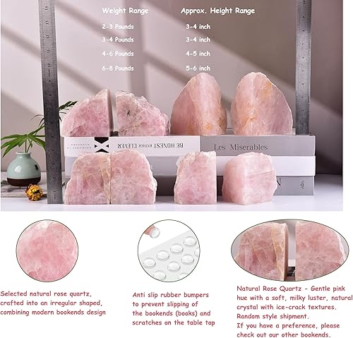 Miniatura 6 de AMOYSTONE Sujetalibros de cuarzo rosa resistente, organizador de estante de piedra natural con base antideslizante para escritorios y estantes (1