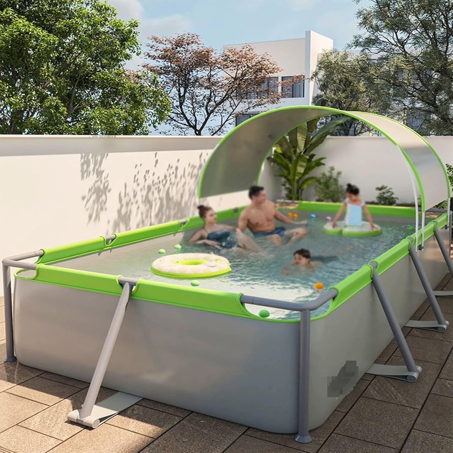 Piscine pliable avec auvent amovible, piscine extérieure pour enfants, PVC à 3 couches, comprend une pompe filtrante et un kit de réparation pour une installation facile et une protection solaire