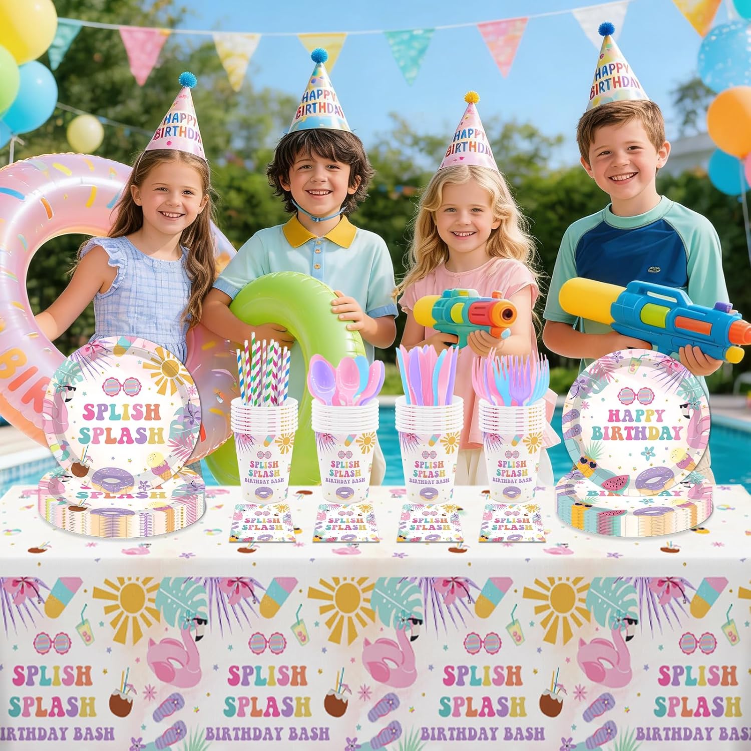 MEHOFOND Splish Splash Birthday Party Supplies Tableware Set 193 Pcs, Summer Pool Party Disposable Plates Cups Napkins Cutlery with Plastic Tablecloth for Girls Tropical Birthday Party