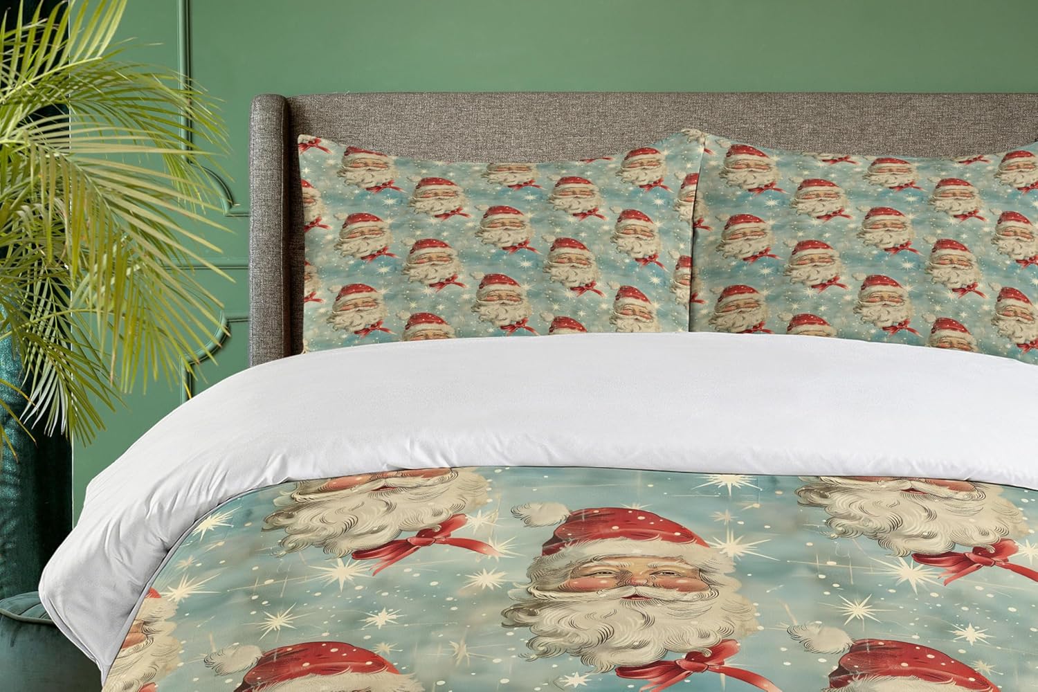 Ambesonne Vintage Christmas Duvet Cover Set, Holiday Cheery Retro Santa Claus with Nostalgic Weathered Effect, Decorative 3 Piece Bedding Set with 2 Pillow Shams, Queen Size, Dark Pink Pale Blue