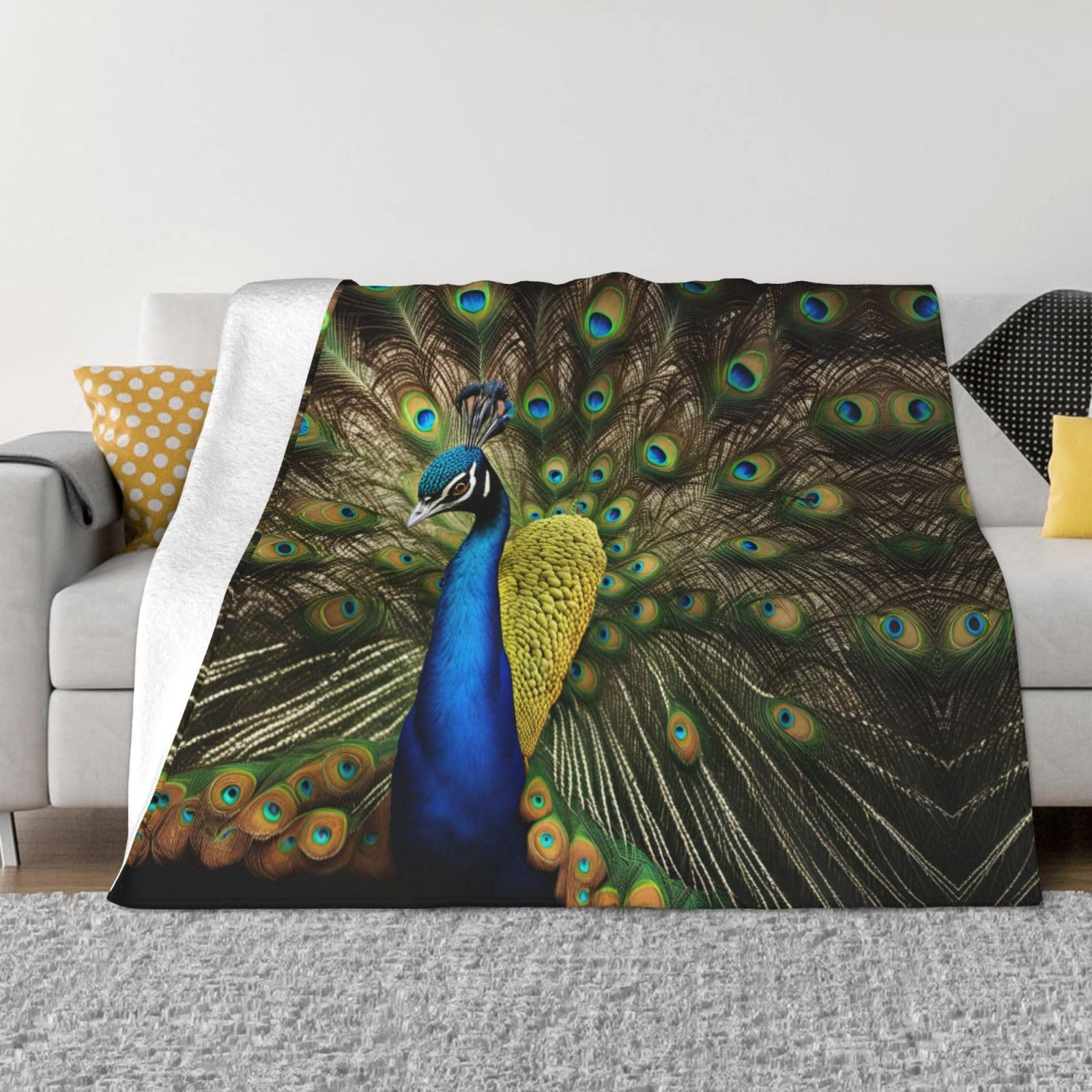Couverture polaire en flanelle plume de paon douce et chaude pour canapé