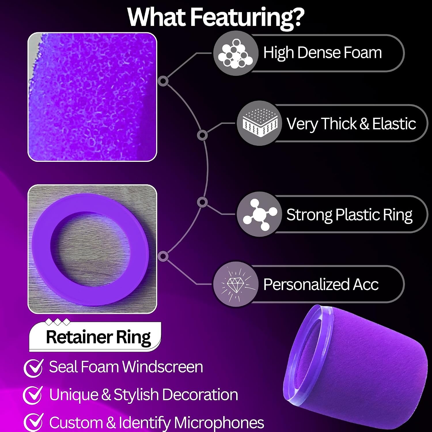 MV7 Pop Filter for Shure MV7 and MV7X Microphone Windscreen Cover Replacing, Colored Foam with Retainer Ring (Purple)