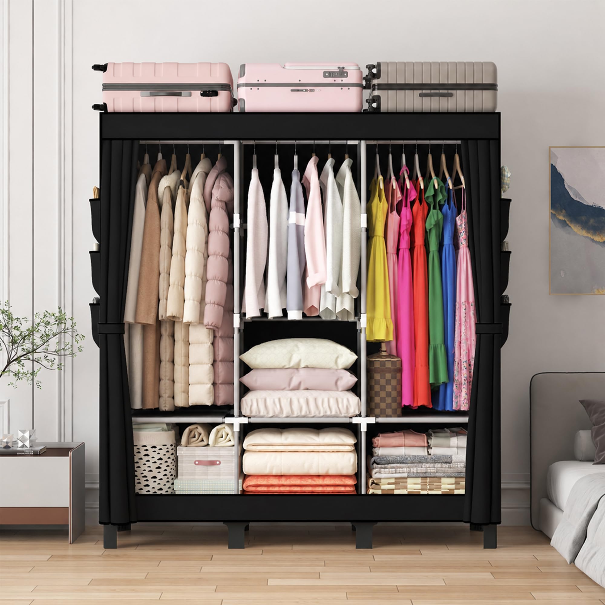 Kleiderschrank Stoffschrank mit Kleiderstange, Stabiler Tragbarer Kleiderschrank mit Überzug für Schlafzimmer und Ankleidezimmer
