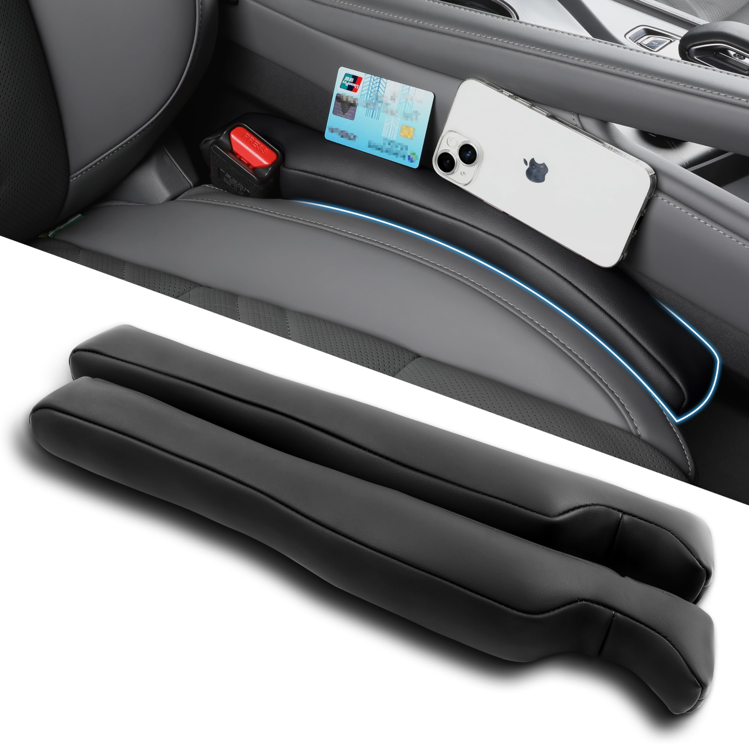 POKSRI 2 STK PU-Leder Autolückenfüller, Spalt- & Ritzenfüller für Autositze, Künstliches Leder, Verhindert Fallen von Kleingegenständen, Für Spalten 3,5–6 cm geeignet(Schwarz)