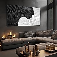 Hand-Painted Black White Minimalist Canvas Wall Art 58x29 Inch Large Abstract Painting for Living Room Dining Office