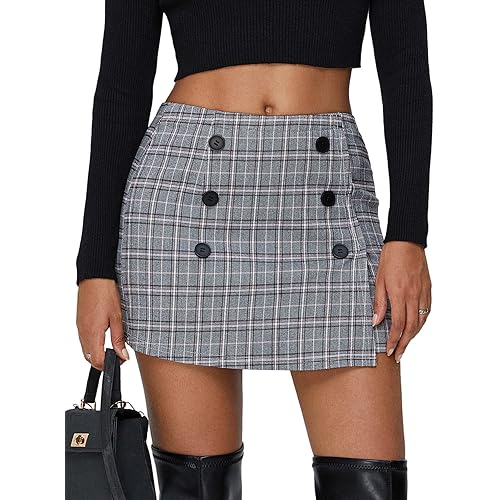 EXLURA Womens Button Bodycon Mini Skirt Sexy Night Club High Waist Elastic Y2K Trendy Short Plaid Skirts