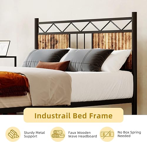 Miniatura 4 de DWVO Base de cama de metal rústico completo con cabecero, soporte de listones resistente debajo de la cama, no necesita somier, sin ruido, fácil de