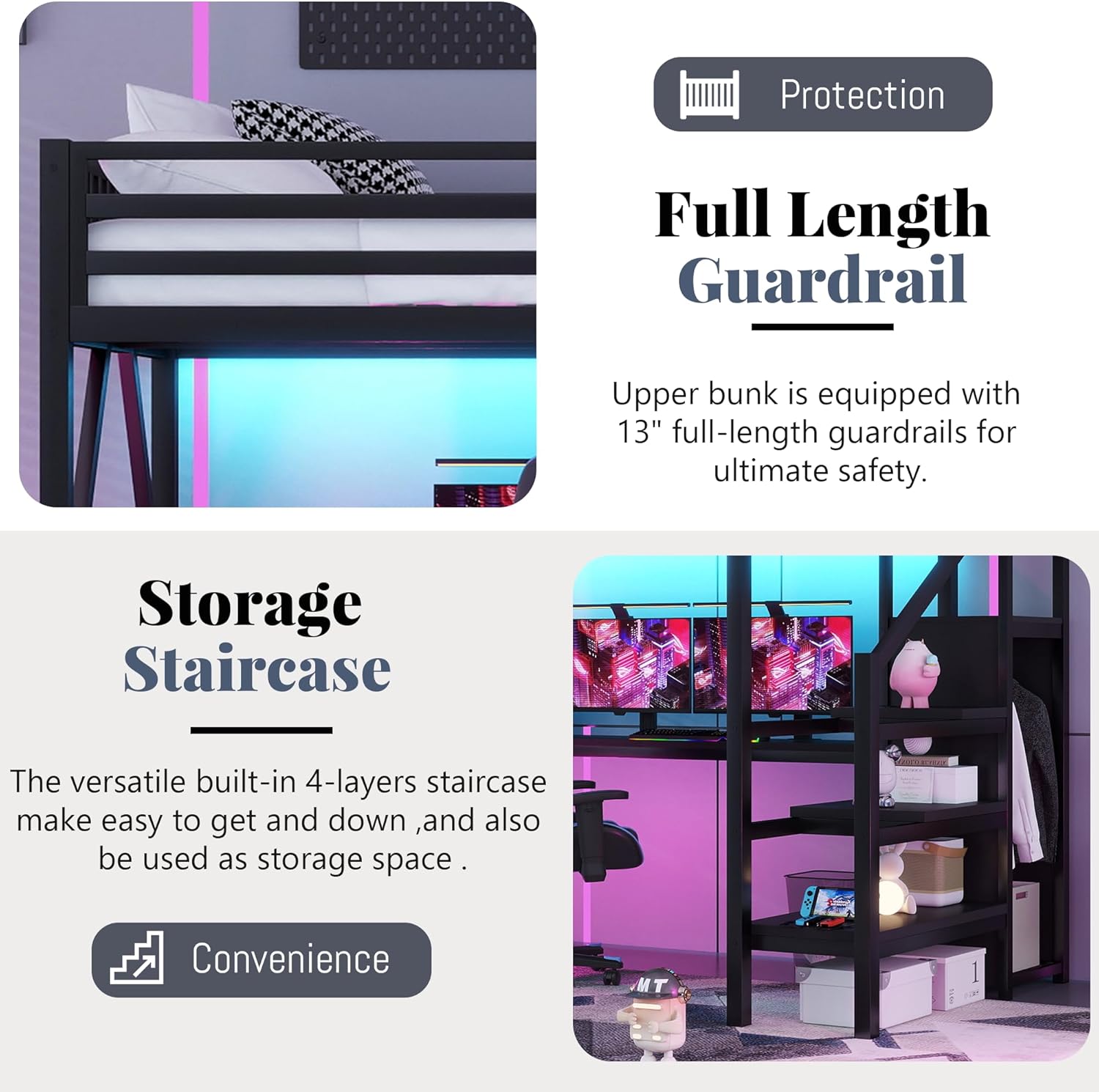 Queen Size Loft Bed with Desk and Stairs,Metal Gaming Loft Bed Queen with Wardrobe and Shelf, High Loft Bed with LED & USB Charging Station for Teens, Adults, Space Saving Design,Black