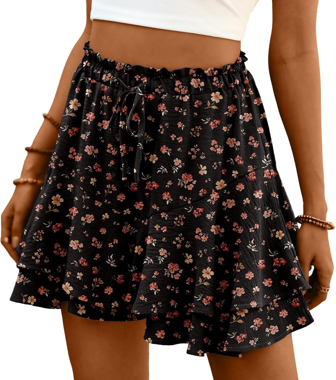 Lepunuo Flowy Shorts for Women Boho Ruffle Tiered Butterfly Skorts High Waist Mini Skirts Casual Shorts
