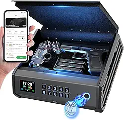Seguro para armas SAFESmart, cofre recarregável de pistola biométrica de 4 formas com trava de impressão digital/teclado/chave/aplicativo, controle de aplicativo, visor LCD, fonte de alimentação de