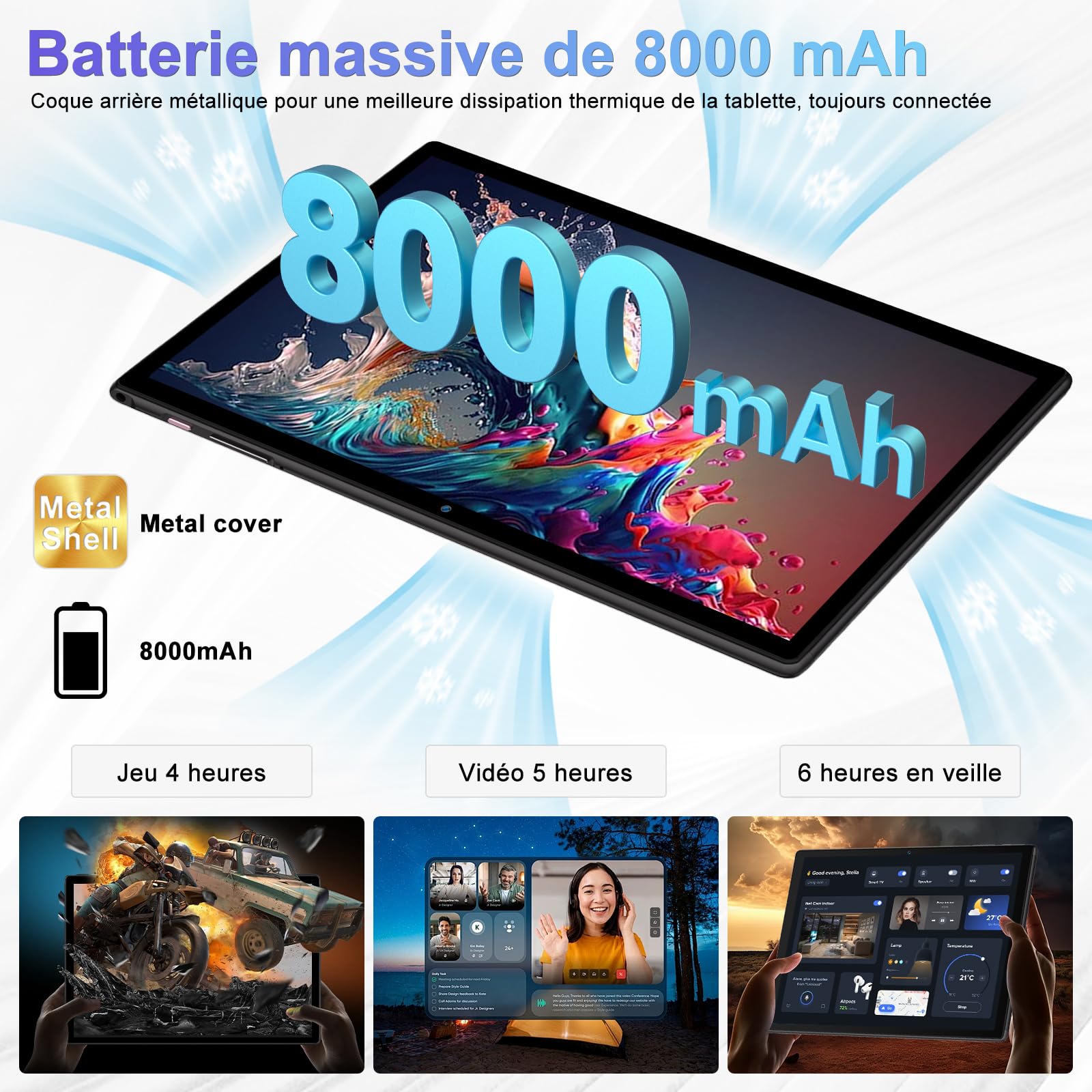 2026 Tablette Android 15 30Go RAM+128Go ROM + TF 2To 10 Pouces,Gemini AI,Octo-Core, 8000mAh,GPS,Corps intégré en métal, 5MP+8MP, WiFi 5G& BT 5.0, Widevine L1 Tablet Avec Clavier et Souris - Noir