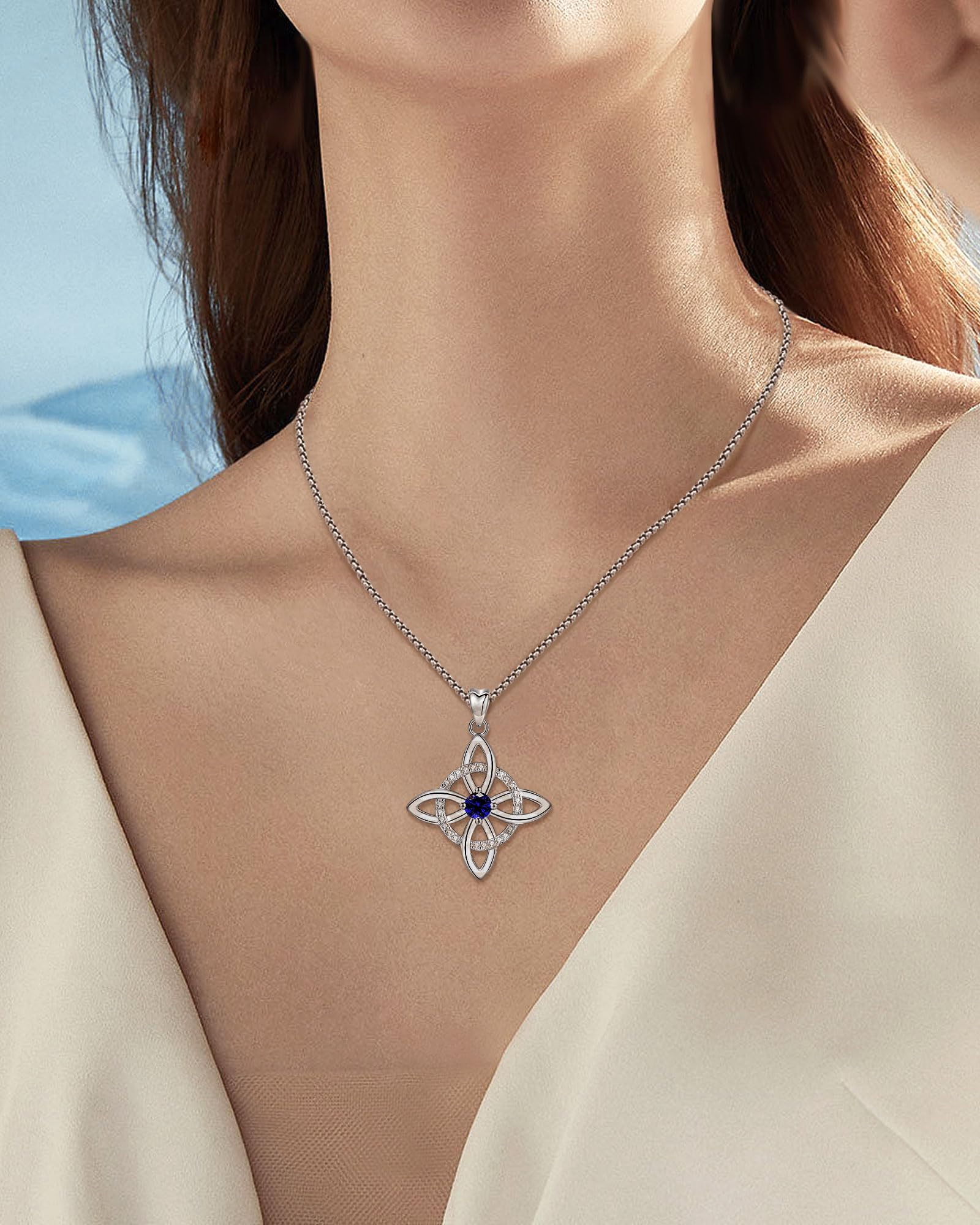 AEONSLOVE Collier Nœud de Sorcière Argent 925 pour Femme Fille, Collier Nœud Wiccan avec Pierre de Naissance Pendentif Celtique Chance Bijoux Charme de Sorcière