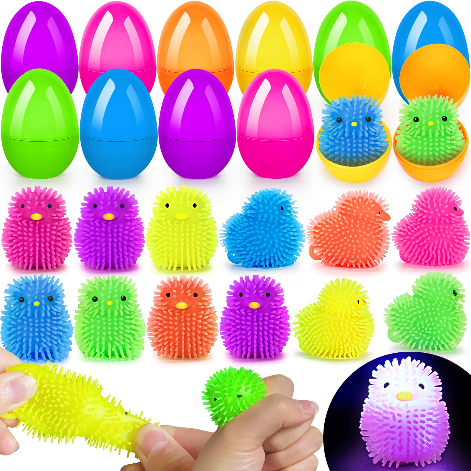 GMAOPHY24 Pcs Easter Basket Stuffers, Easter Eggs Filled Light up Chicken, Glowing Easter Egg Fillers for Kids, Easter Hunt Game Toys Supplies, Easter Gifts Party Favors for Boys & Girls