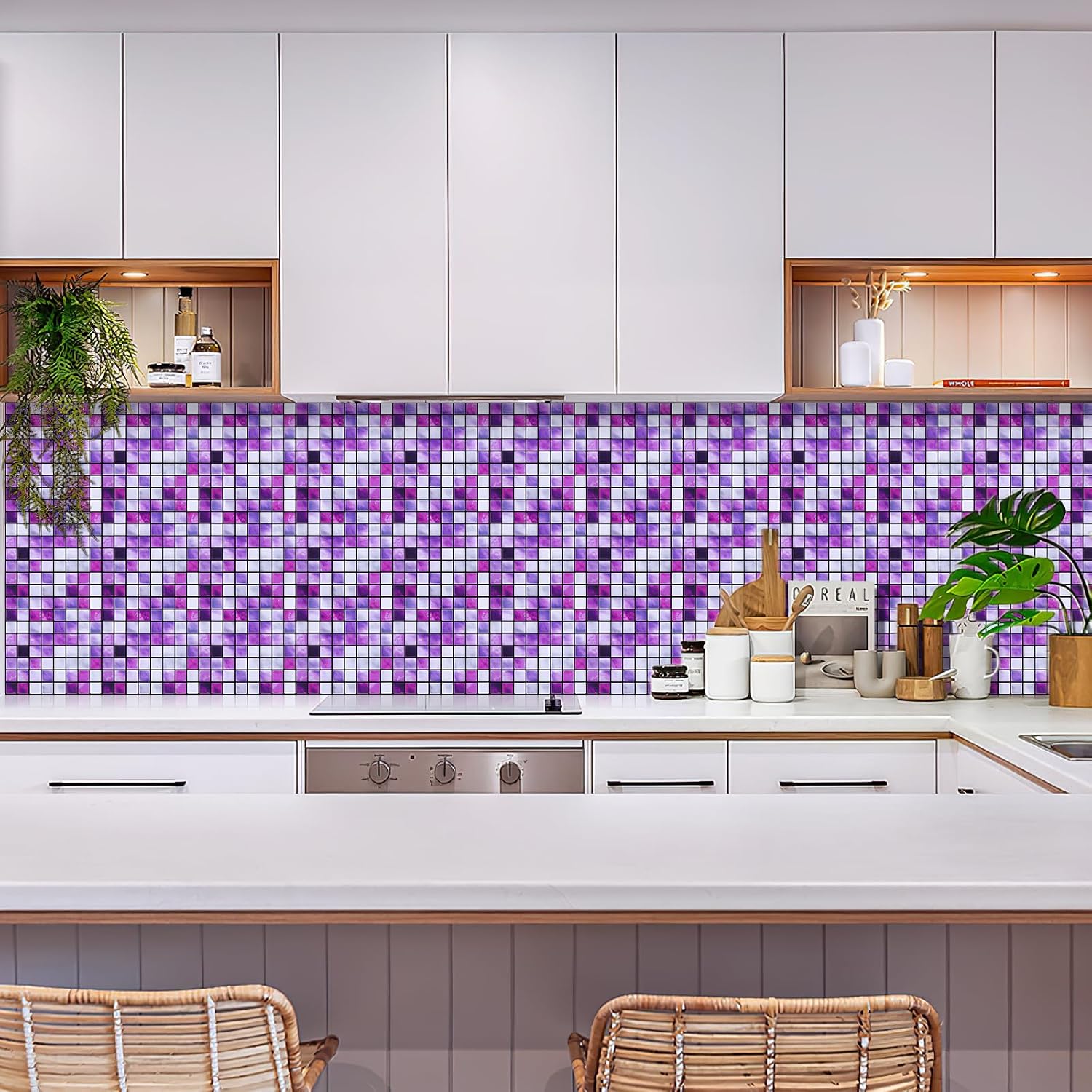 FOMIYES 10Pcs Removable Mosaic Tile Stickers, Peel and Stick Backsplash Wallpaper, Oil Proof Wall Decals for Bathroom Kitchen Square Glass Tiles 15X15CM