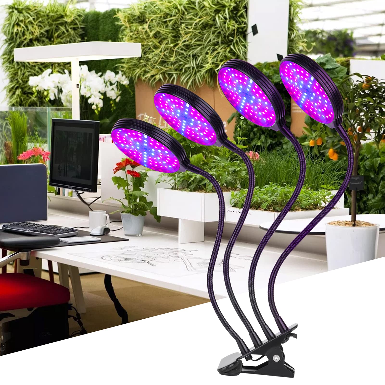 Irfora LED Grow Light para plantas de interior, 60 W, 4 cabezales de LED rojos y azules, encendido y apagado automático con temporizador de 4/8/12H, 3 modos de luz, 5 niveles de brillo, IP66,