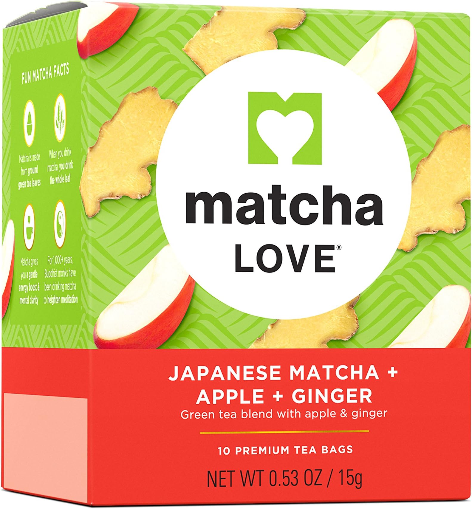 Matcha Love Japanese Matcha + Apple + Ginger Green Tea Premium Bags, (Pack of 10) 10 Count, 100 Teabags Total