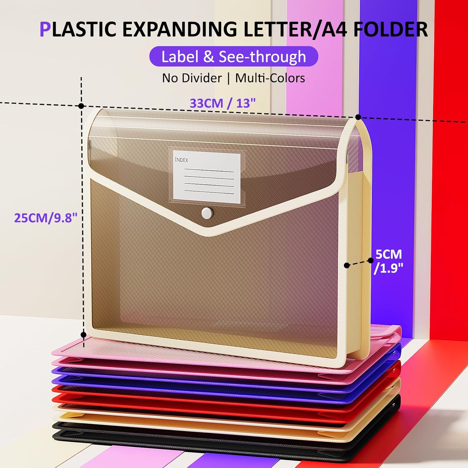 ThinkTex Plastic Expanding File Folder, Transparent envelopes with Snap Closure,No Dividers,Large Capacity,Document Organizer for Receipts, Bills&Taxes,Letter/A4 Size for School/Office/Home-10 Pack
