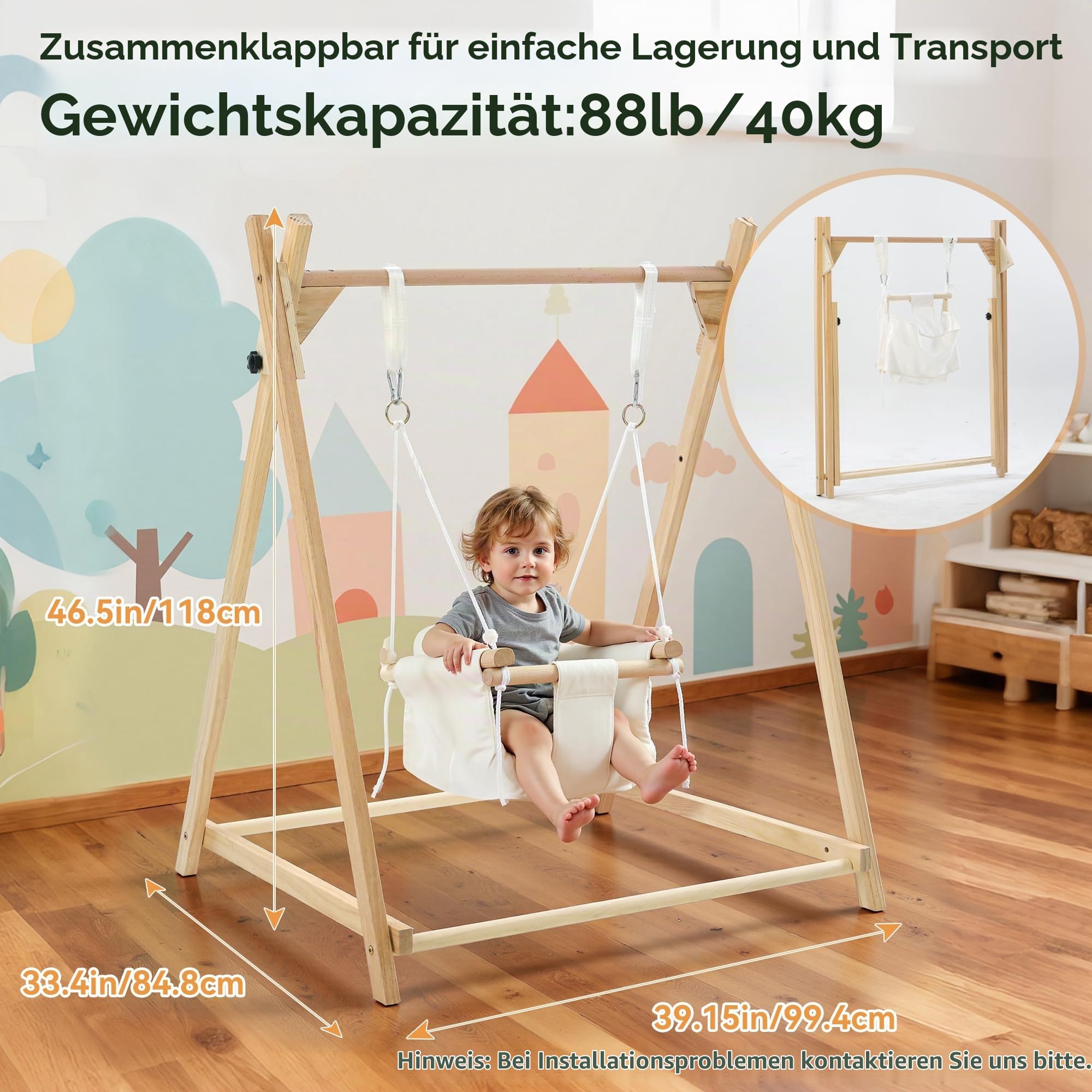 Kinderschaukel Indoor Holz mit Gestell, 5 in 1 Tipi Zelt für Kinder, Hängeschaukel, Kinderhängematte Schaukelsitz Schaukelbrett Brettschaukel für Kinder zum Schaukeln (Cremeweiß)