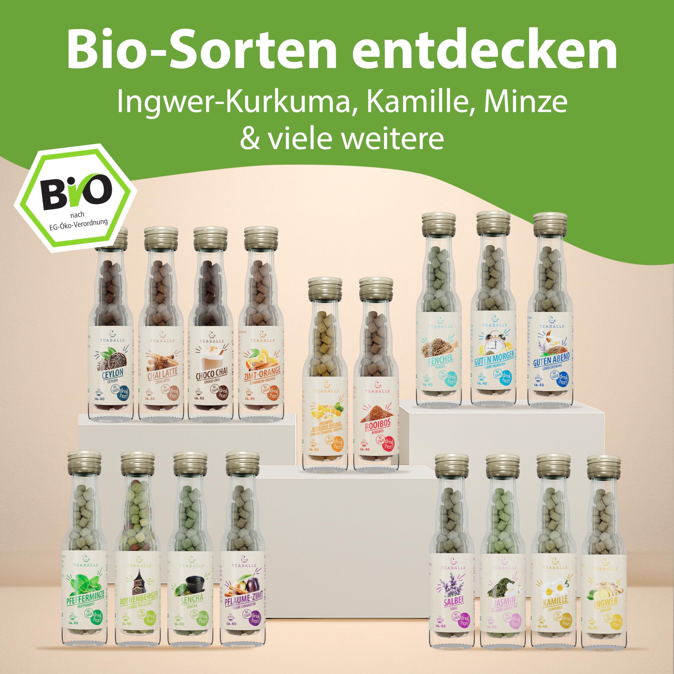 TEABALLS BIO TEA – 5ER SET SUPER FIT MIT PAM – Ingwer-Kurkuma-Orange, Chai Latte, Choco Chai, Sencha, Rothenberger Kräutermix – ca. 200 Tassen – Tee ohne Beutel, nur mit heißem Wasser – Geschenkidee