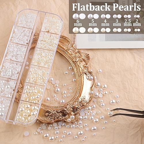 Miniatura 4 de 4320 gemas faciales para maquillaje con pegamento, cuentas coloridas y gemas redondas de cristal transparente y AB, perlas blancas y beige y 4
