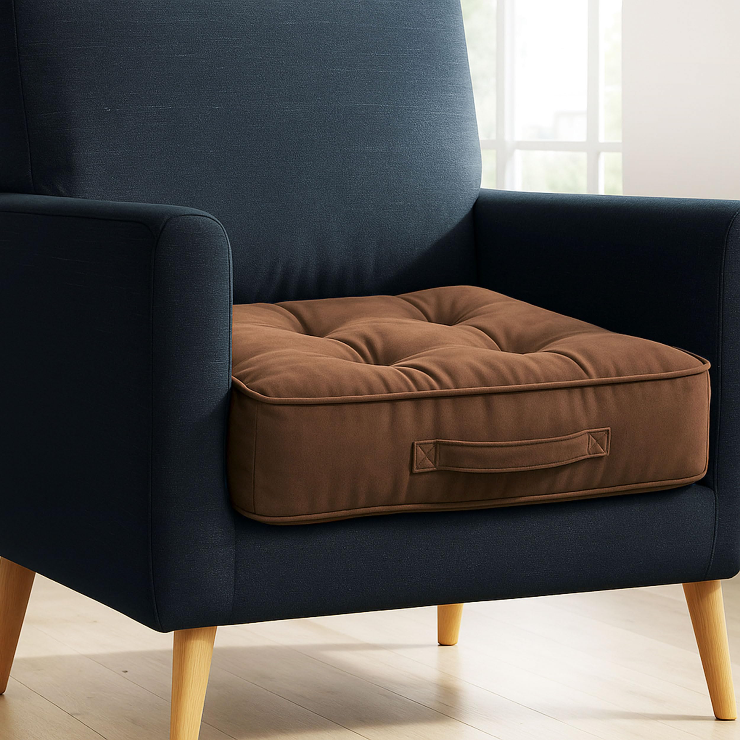 Vapinity Armchair Booster Cushion Pad | 50x50x10cm Large Velvet Firm Seat Cushions | For Office Chair Dining Sofa & Floor Cushion | Soft Cotton Filling for Pregnancy Elderly & Home Comfort (Mocha)