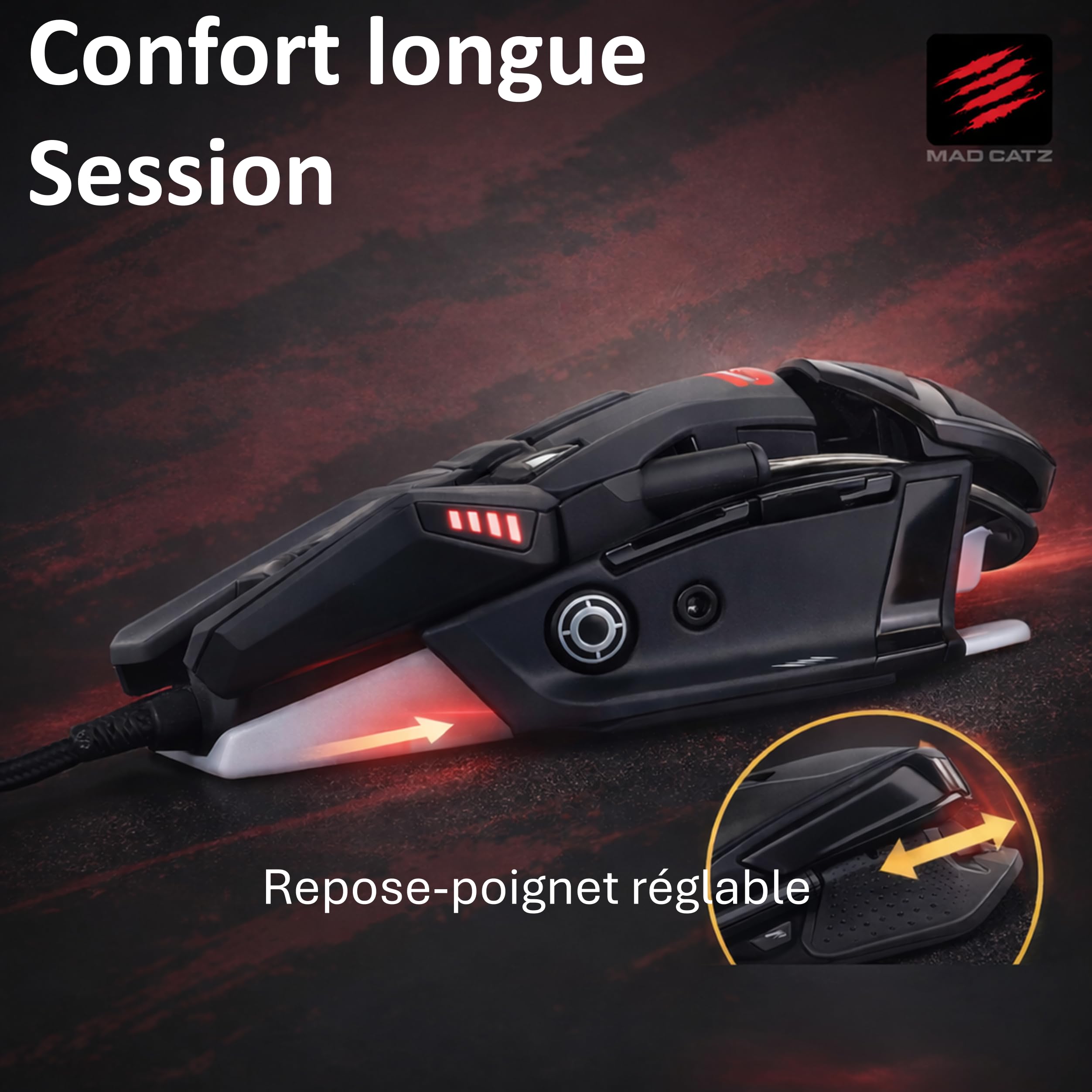 Mad Catz Rat 4+ Souris Gamer Filaire USB - Souris Ergonomique 7 Boutons Programmables - Capteur Optique Pixart PMW3330 7200 DPI - Souris Gaming Pour Pc Noir Avec Led Rouge Et Repose Poignet Reglable