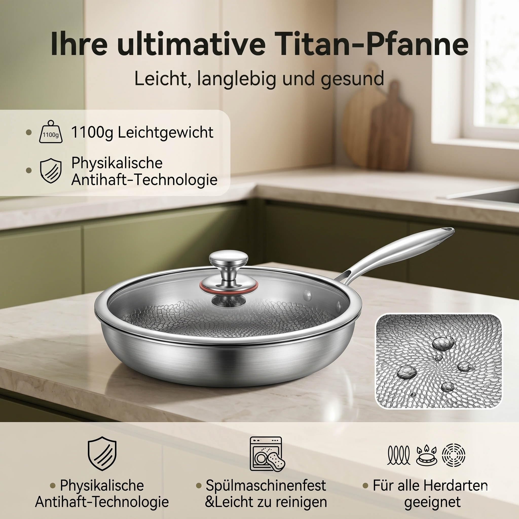 Titan Pfanne 28 cm mit Deckel, Unbeschichtete Titan Bratpfanne mit Gehämmertem Design, Kratzfeste Physikalische Antihaft-Struktur, Frei von PFAS-, PFOA- und PTFE-, Für Induktion & Alle Herdarten