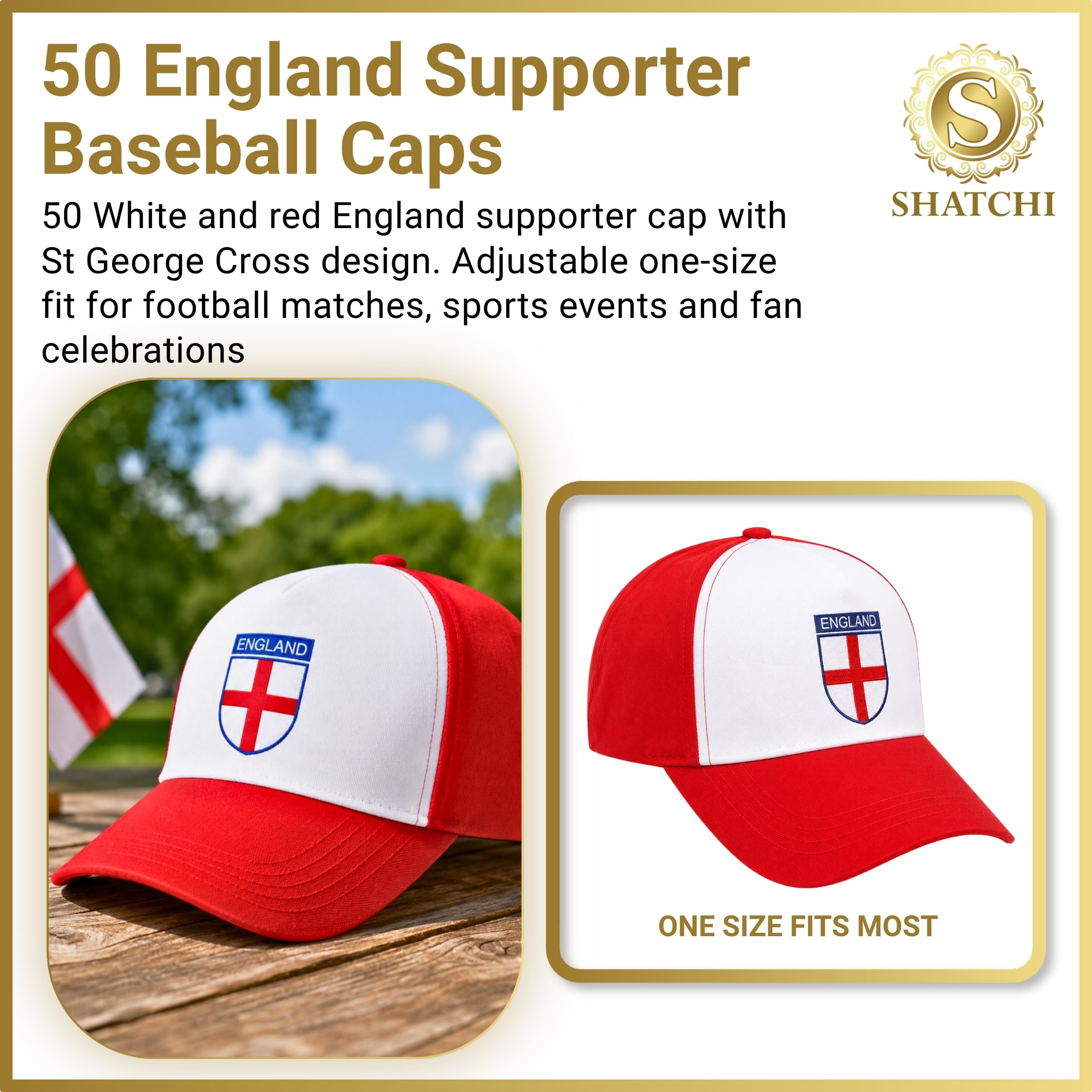 SHATCHI 50 Cappellini da Baseball, Tifosi Dell'Inghilterra, Accessori Regolabili per Rugby Calcio Coppa del Mondo di Cricket, Rosso e Bianco, Etichettalia Unica Unisex-Adulto