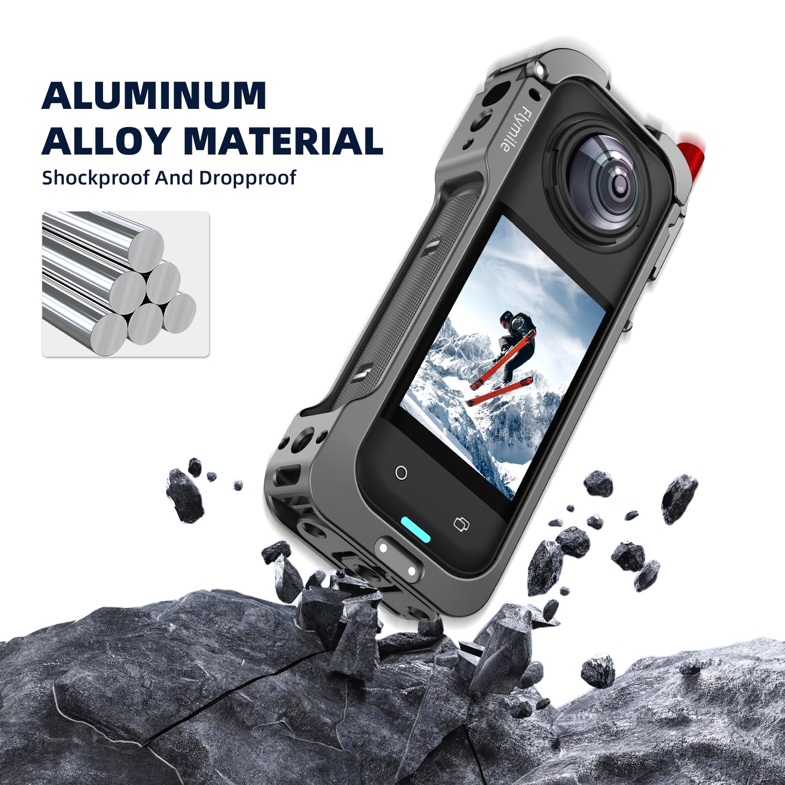 Gabbia metallica in alluminio per Insta360 X5, manopola a sgancio rapido, custodia protettiva con doppi supporti per slitta fredda e filettatura da 1/4" e copriobiettivo in silicone per