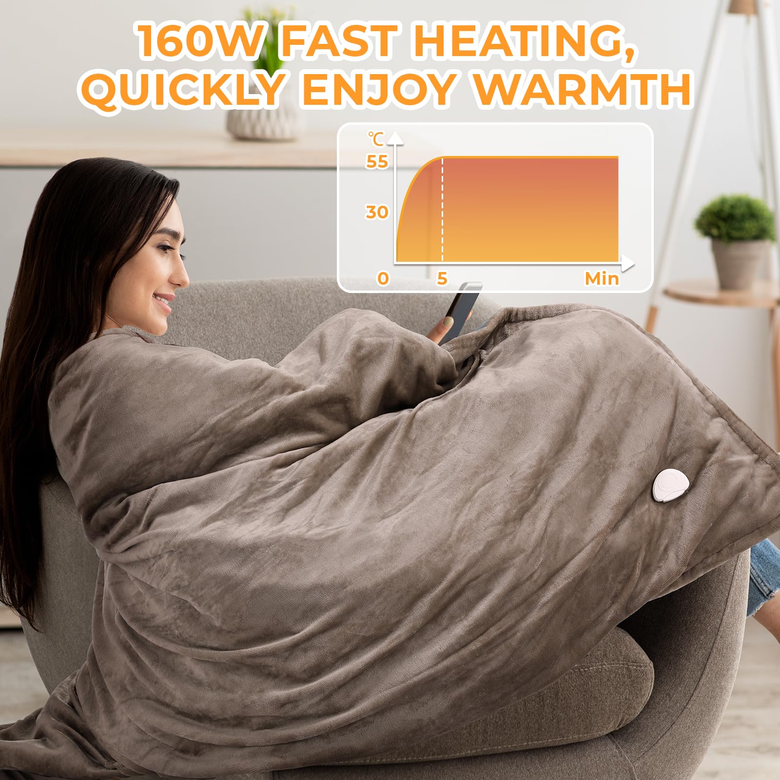 Coperta Elettrica, 180x130cm, 6 Livelli di Temperatura, Timer 1-9H Spegnimento Automatico, Protezione da Surriscaldamento, Lavabile in Lavatrice, Coperta Riscaldata Per Divano, Letto (Marrone)