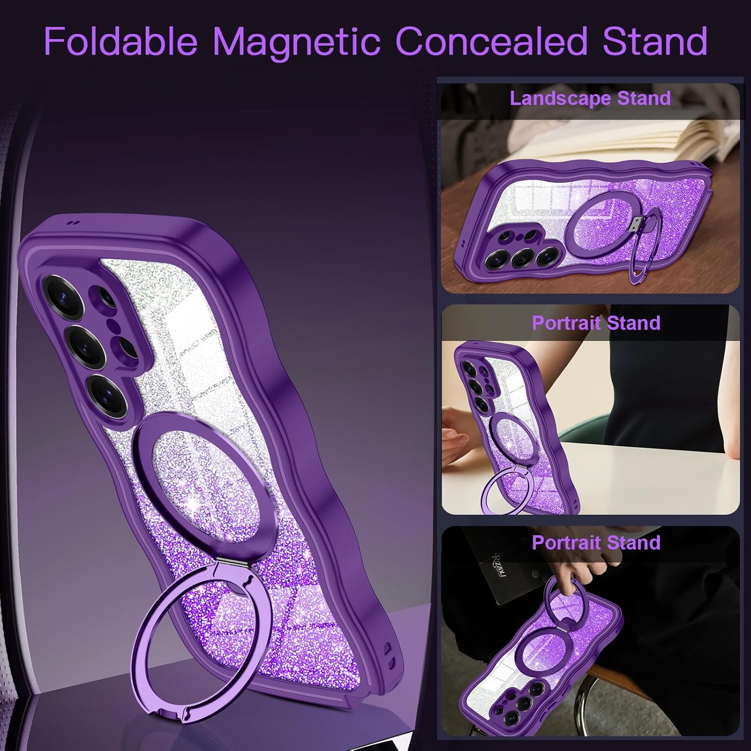 for Galaxy S26 Ultra Case, [Cute Wavy] [Magnetic Stand][Fit for MagSafe][Glitter Card][Built-in 9H+ Screen Protector]Military-Grade Drop Proof Shiny Cover for Samsung Galaxy S26 Ultra,Purple