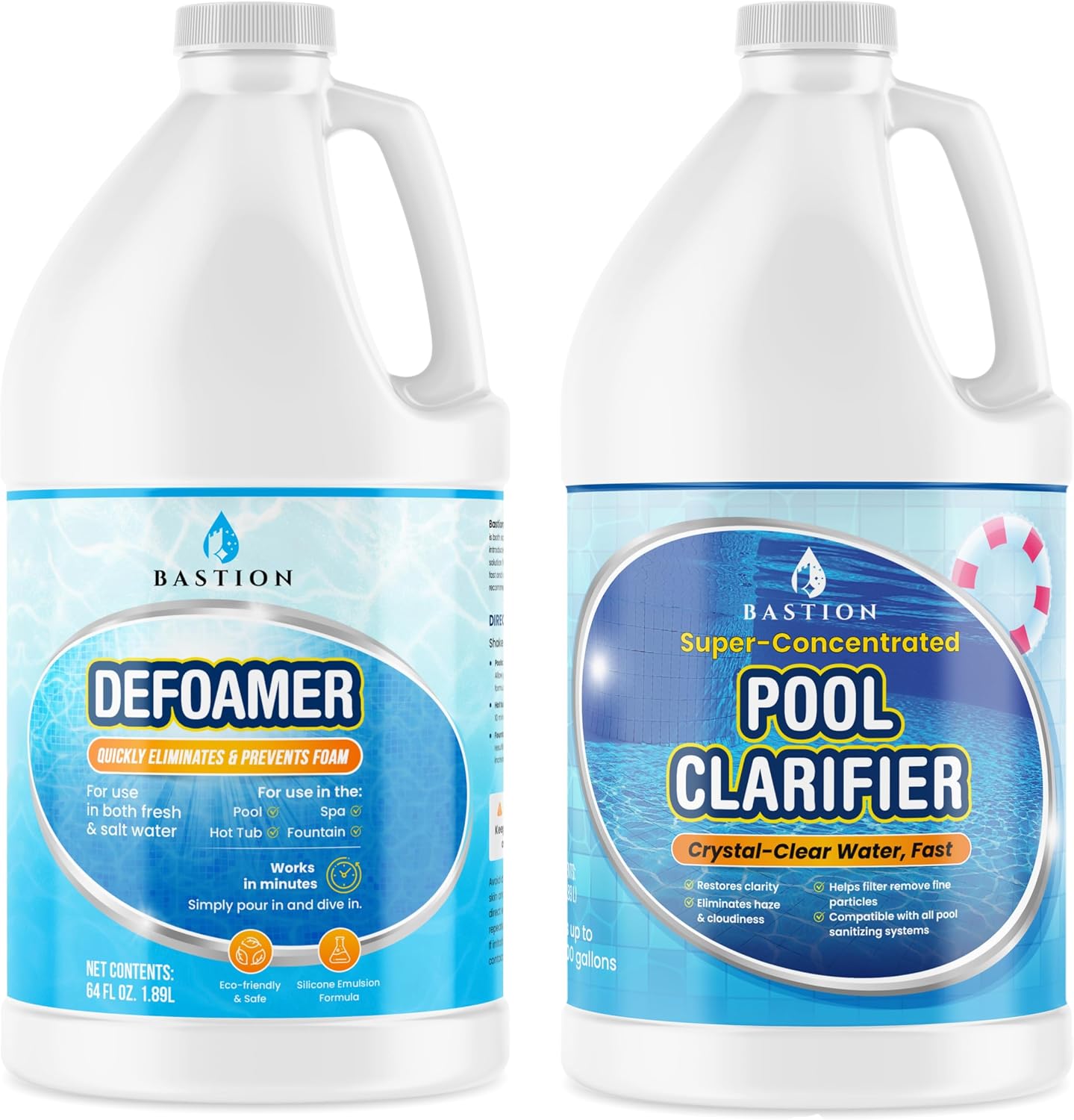 Bastion Pool Water Clarifier + Defoamer Bundle – Super-Concentrated Clarifier & Fast-Acting Foam Eliminator – Crystal Clear, Foam-Free Water – Compatible with Chlorine, Saltwater, and All Pool Ty