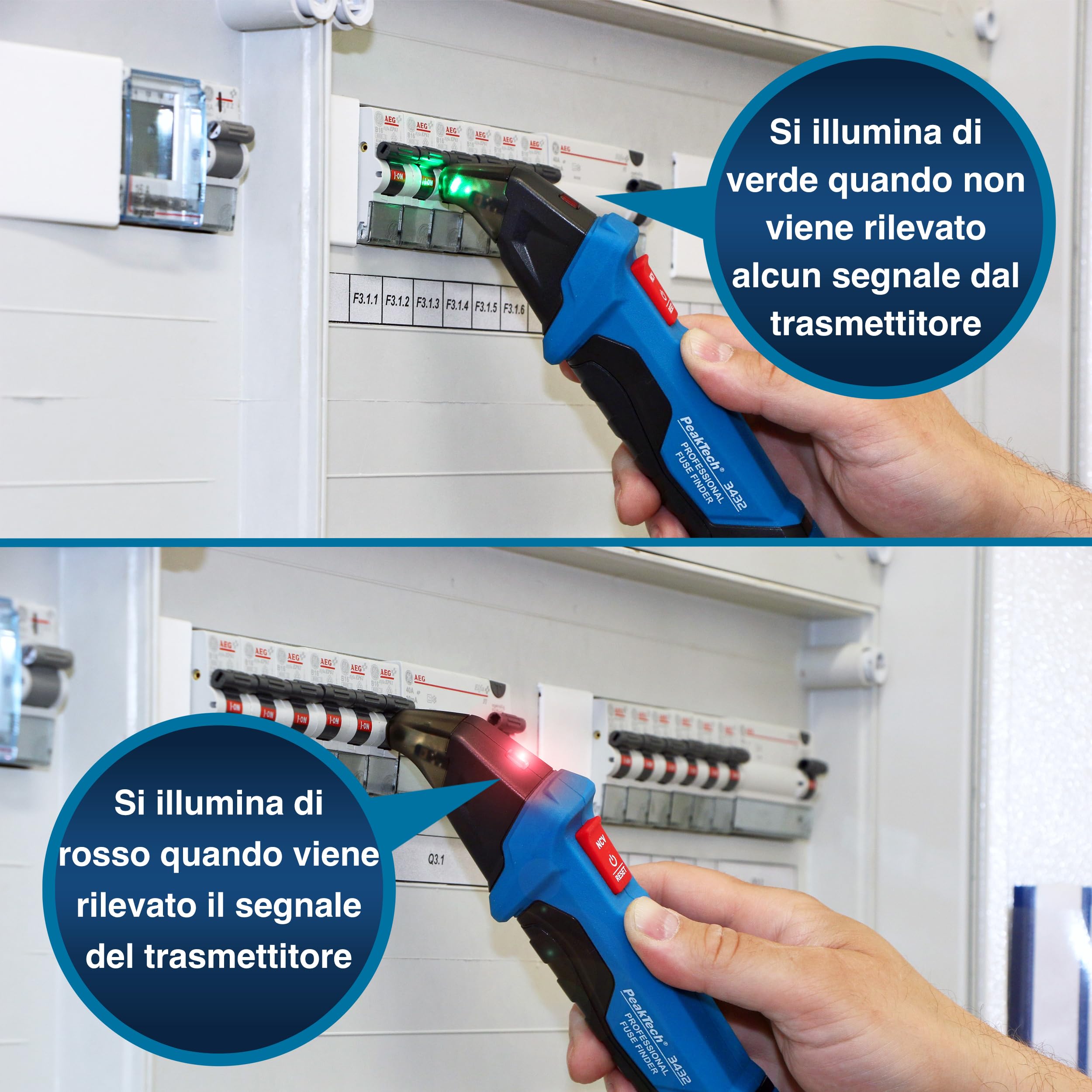 PeakTech P 3432, rilevatore di fusibili, dispositivo di localizzazione per circuiti elettrici, tester di tensione senza contatto, con tester per prese Schuko da 230 V, tester di fase NCV, dispositivo