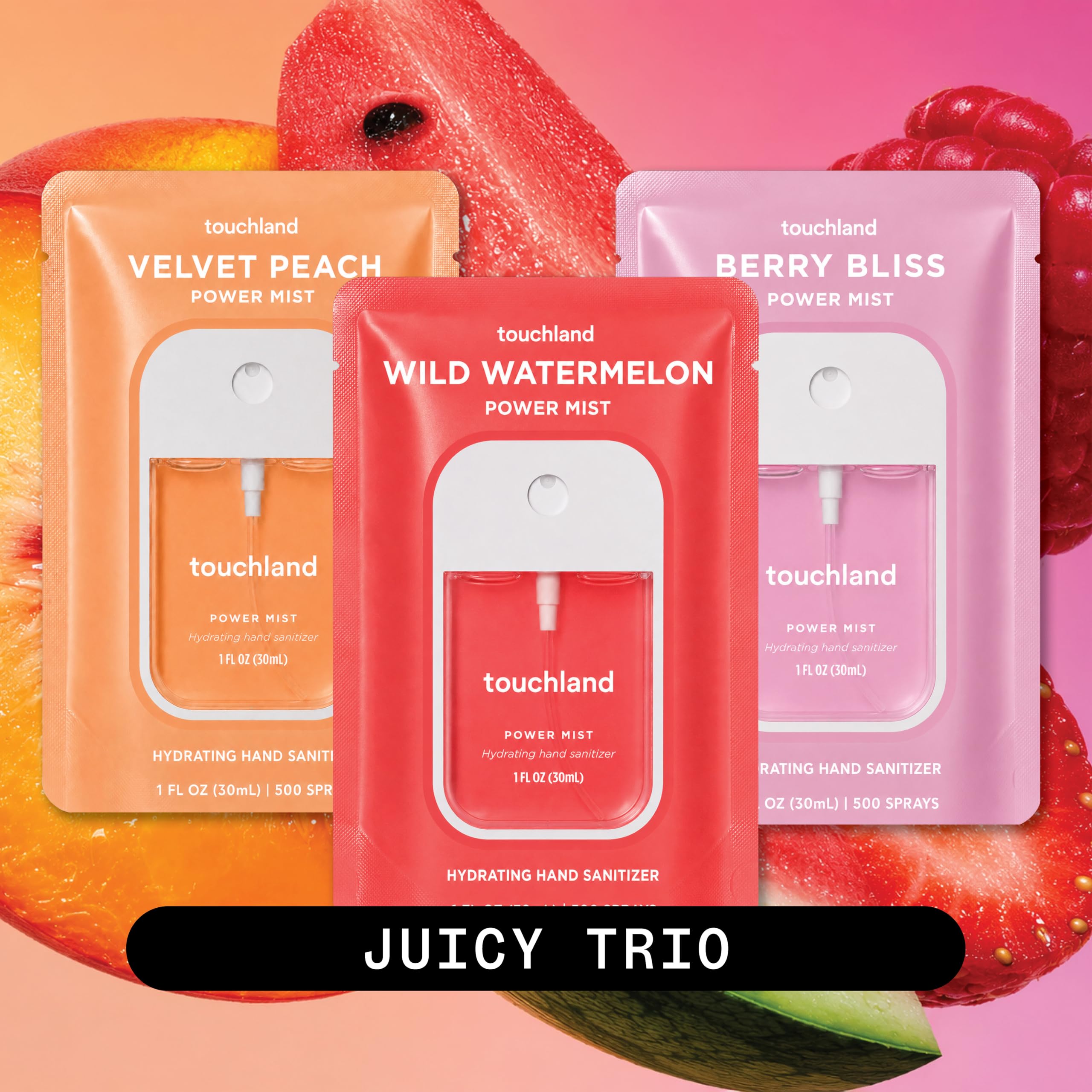 Touchland Hydrating Hand Sanitizer Spray Trio Set Wild Watermelon Peach Berry