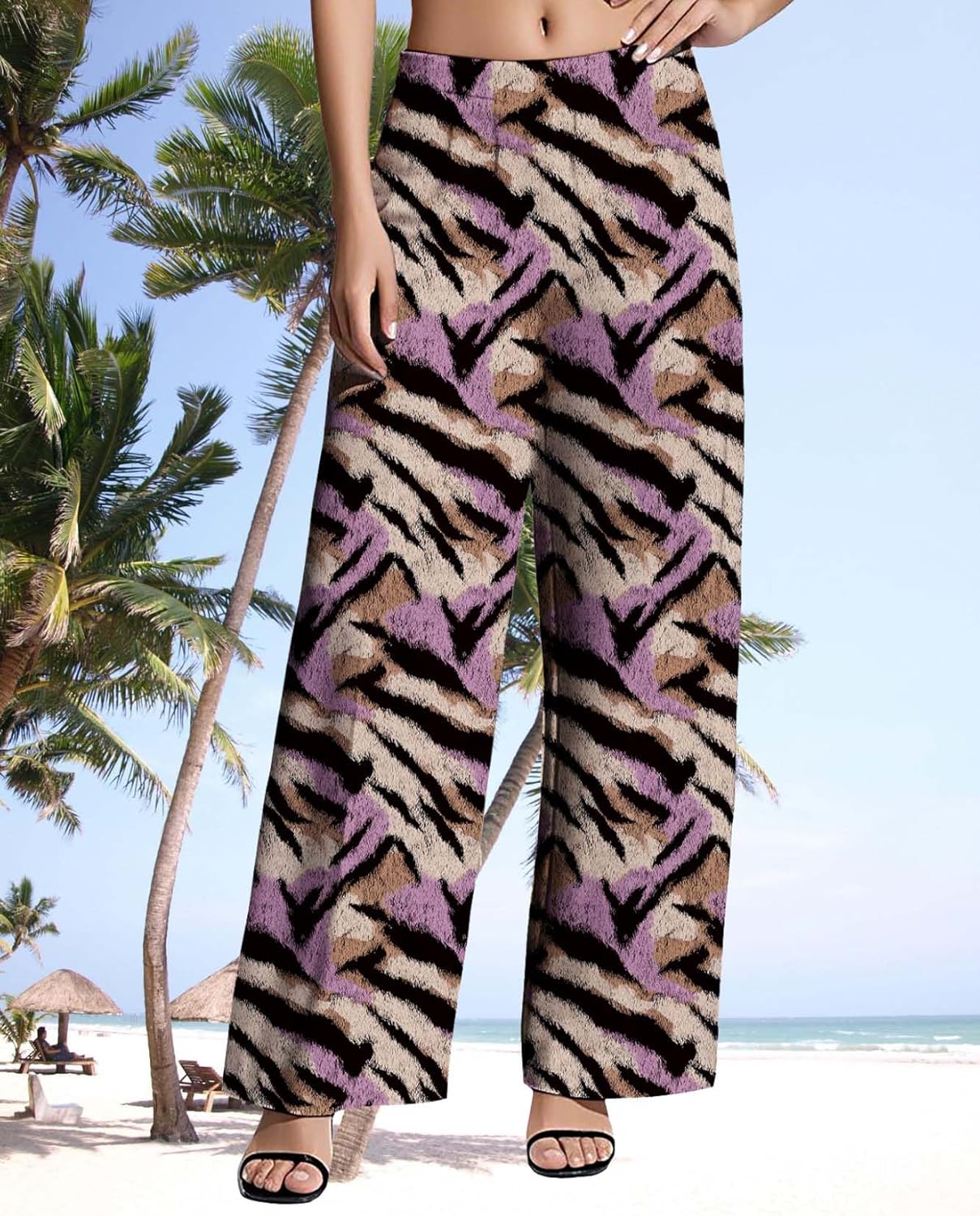 Womens Wide Leg Pants Plus Size High Waisted Pattern Print Lounge Trousers Classic Basic Comfy Work Office Pant - Image 2