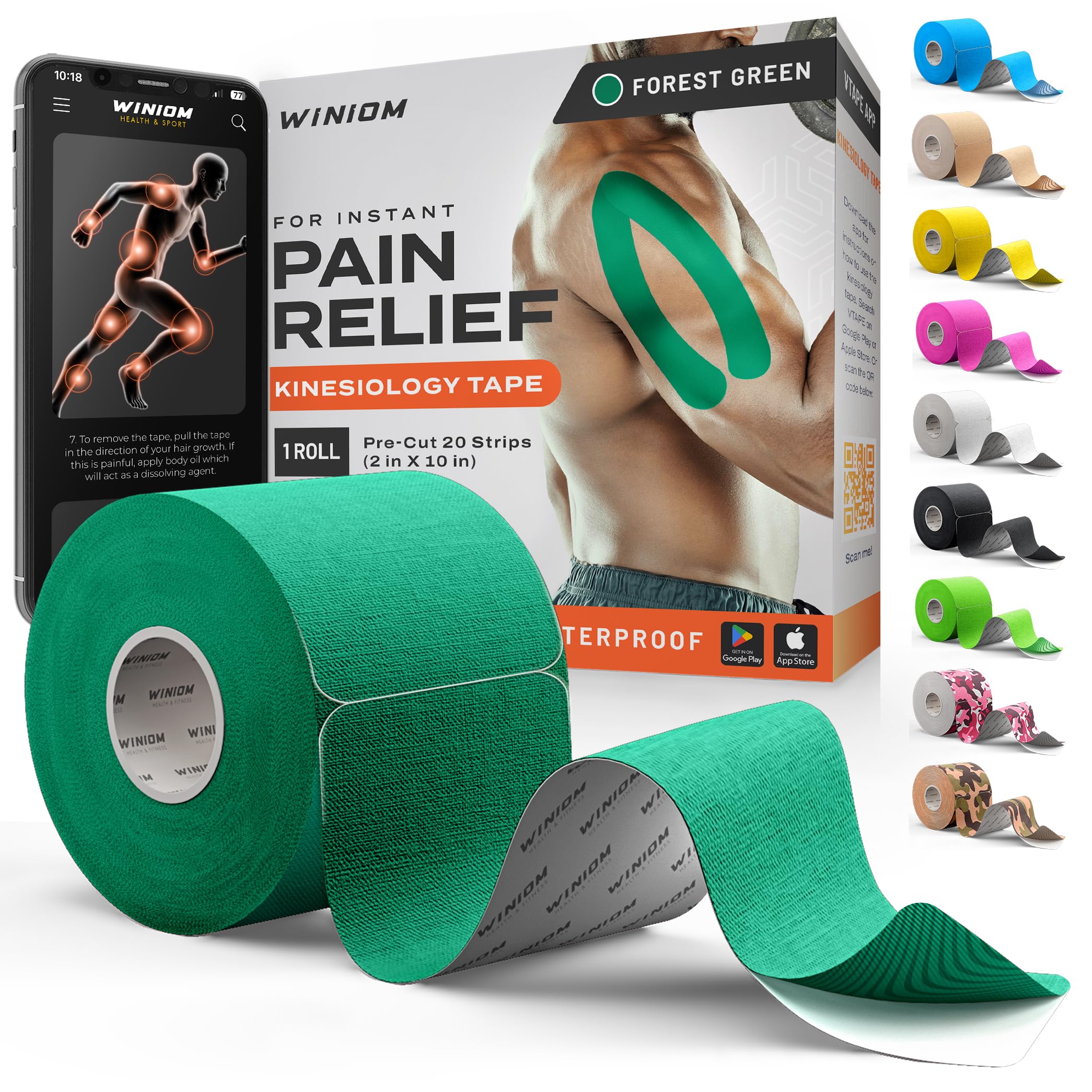 Kinesiology Tape - Waterproof Athletic Sports Tape for Knee, Shoulder, Arm &amp; Back Support | 3-5 Day Adhesion, Hypoallergenic &amp; Latex-Free + Taping Guide (Precut, 2"x16.4ft Roll, Forest Green)