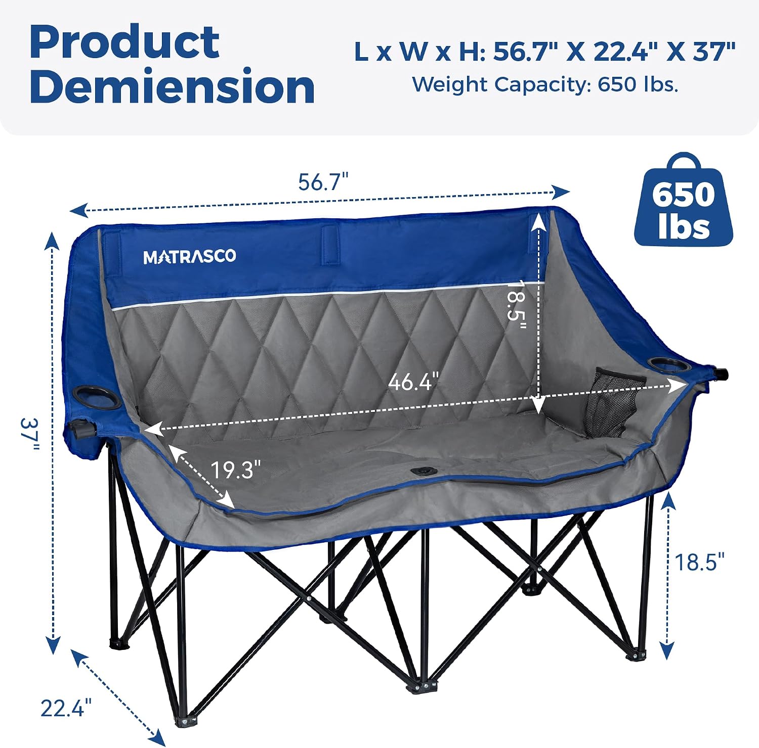 Oversized Double Padded Camping Chair Loveseat, Sapphire Blue image 3